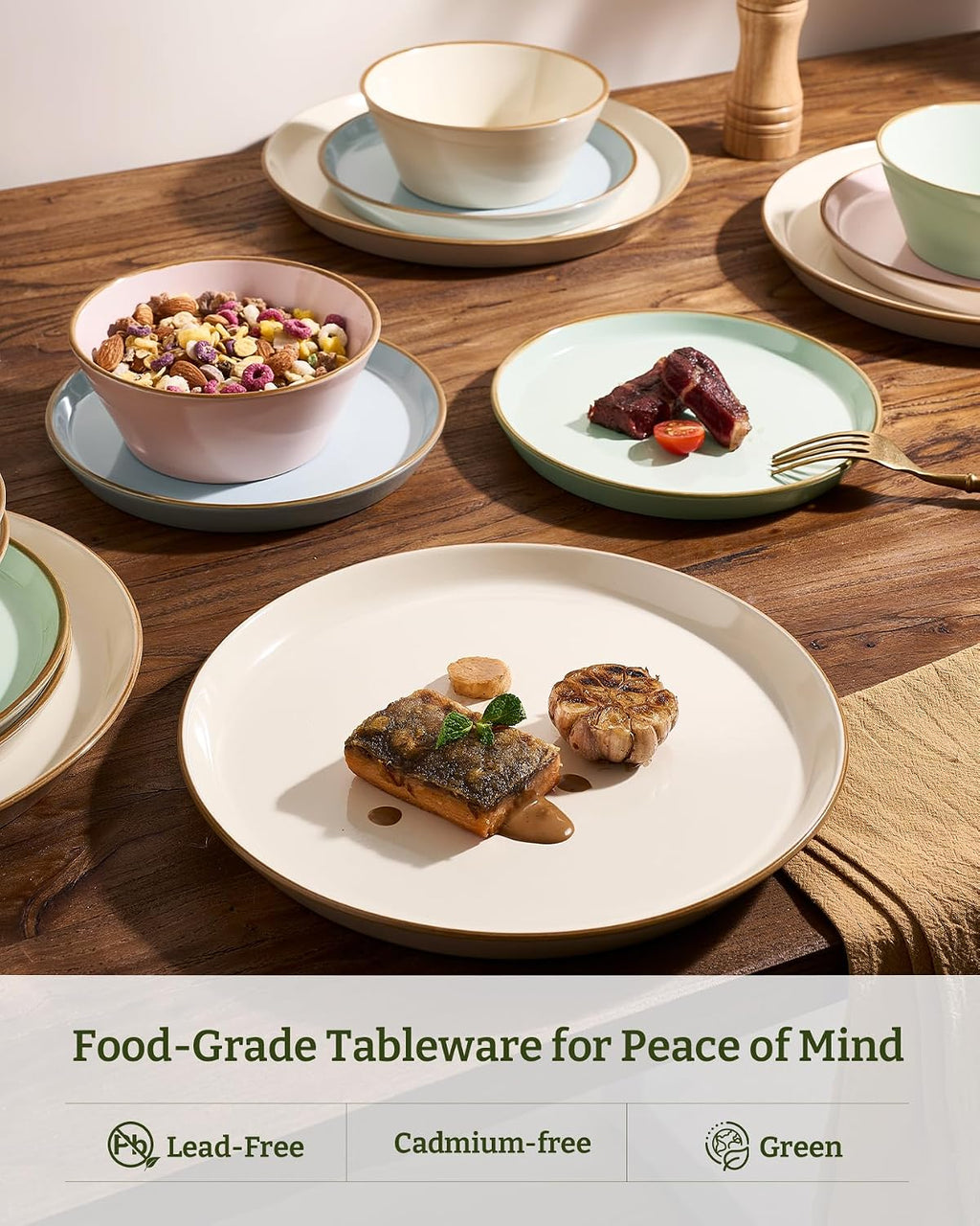 Famiware Saturn Stoneware Dinnerware Sets for 8 (24 Pieces), Ceramic Plates and Bowls Dish Sets with Hand-Painted Trim - Chip & Scratch Resistant, Microwave & Dishwasher Safe Tableware, Multi-color