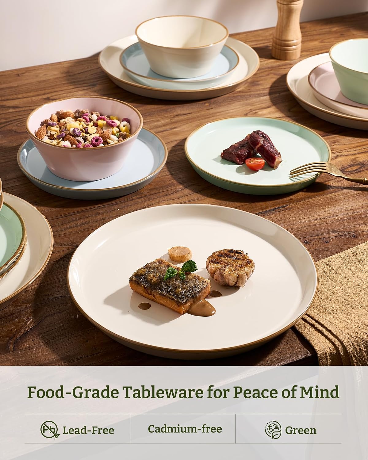 Famiware Saturn Stoneware Dinnerware Sets for 8 (24 Pieces), Ceramic Plates and Bowls Dish Sets with Hand-Painted Trim - Chip & Scratch Resistant, Microwave & Dishwasher Safe Tableware, Multi-color