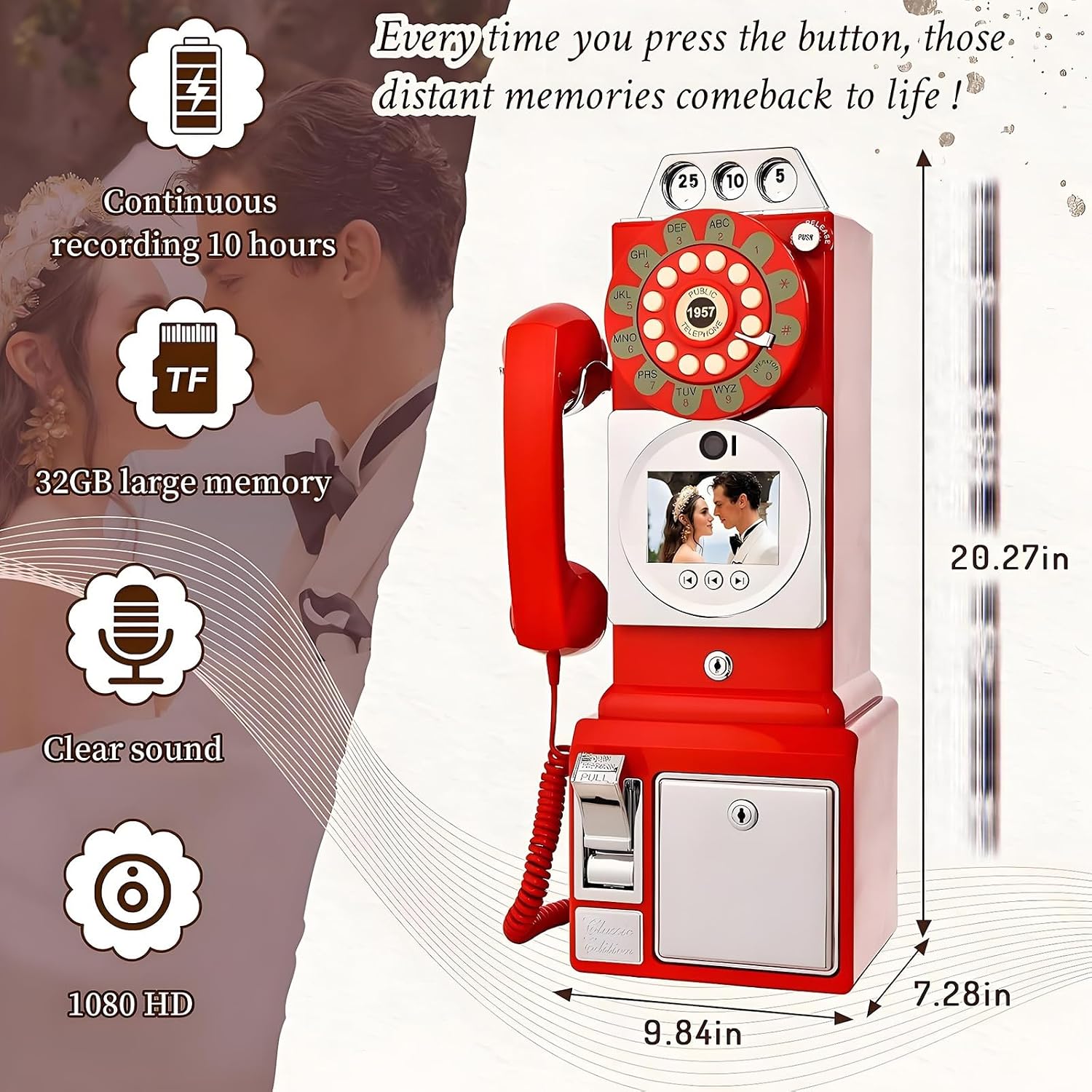 Video Audio Guest Book, 1080P Video Guestbook Wedding Phone, 32G SD Card Customized Video Audio Guest Book with Lens Recording, Retro 1957's Style Vintage Audio Guest Book Audio Messages(Red)