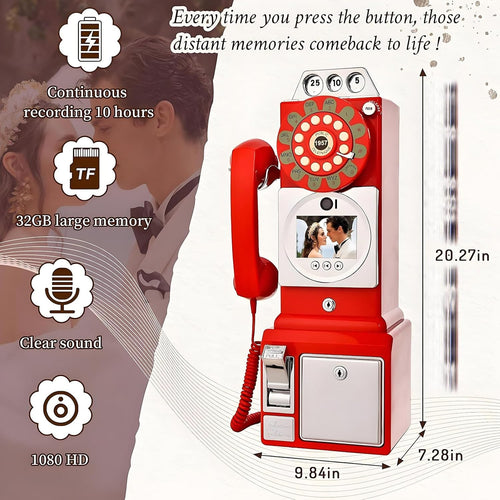 1080p Video Guestbook Wedding Phone,Wedding Phone Guestbook with Lens Recording,32G Memory Card,Retro 1960's Style Audio Guest Book,Creative Wedding Decorations(Red)