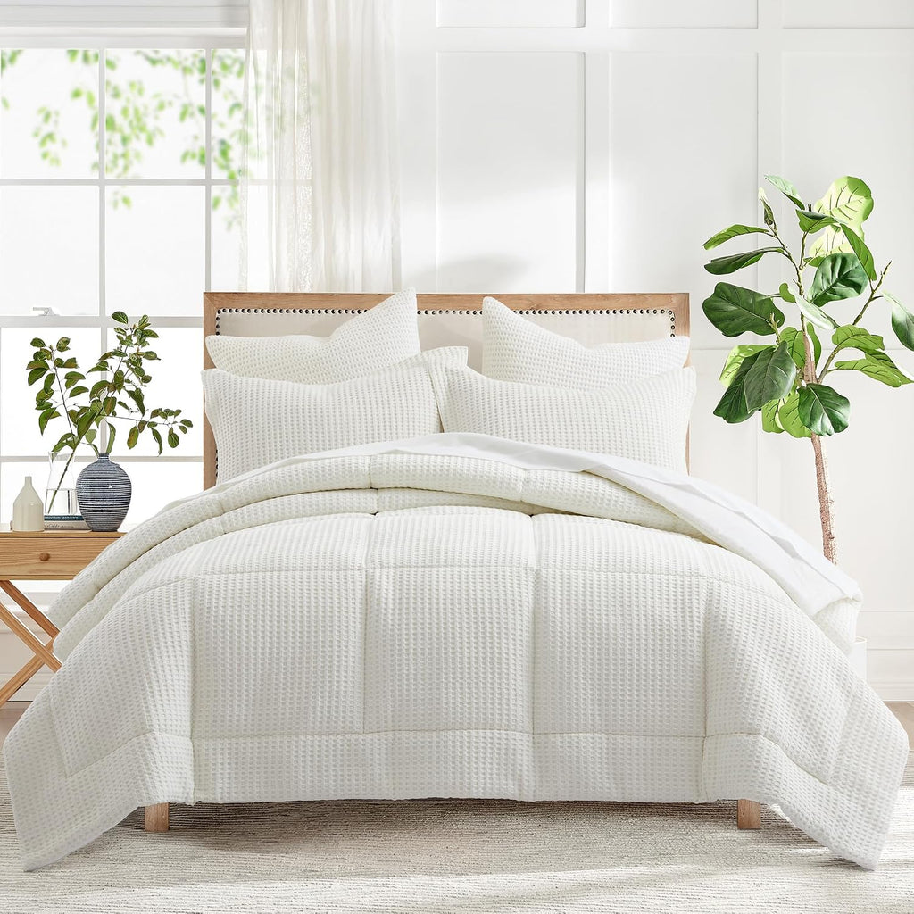 Levtex Home Mills Waffle Full/Queen Comforter Set (90x94in) with 2 Pillow Shams (26x20in) - Cream - 100% Cotton Full/Queen Size Comforter Set - Soft, Pre-Washed
