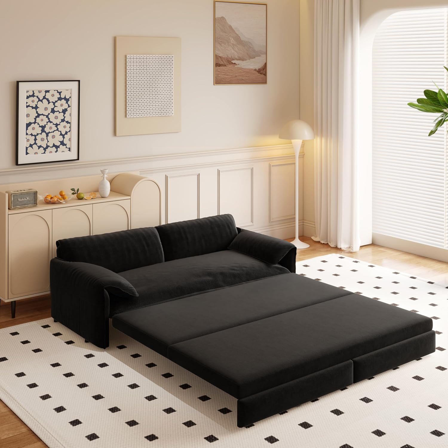 WILLIAMSPACE 66' Queen Pull Out Sofa Bed, 3-in-1 Velvet Convertible Sleeper Sofa Couch with Side Storage, Multi-Functional Loveseat Bed Pull Out Couch for Living Room, Apartment (Black)