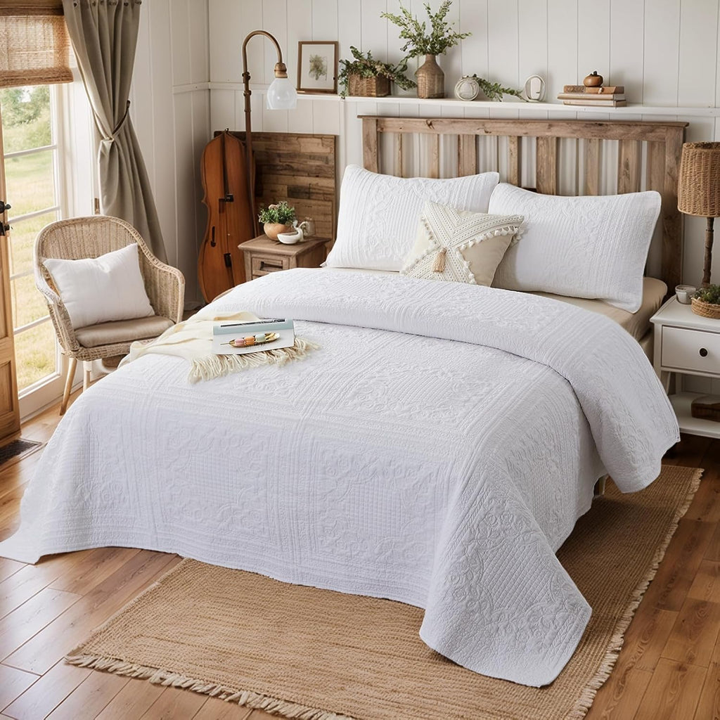Brandream White Quilt King Size Cotton Matelasse Coverlet Set Farmhouse Quilts 3-Piece