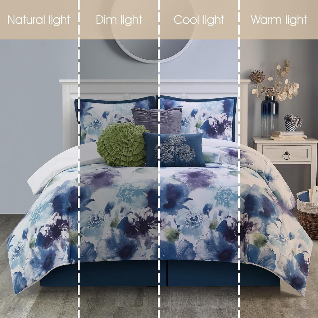 Grand Avenue Blue/Purple Bed Comforter King Set, 7 Piece, Home Decor, Premium Lightweight Microfiber, Bedskirt, Pillows & Shams