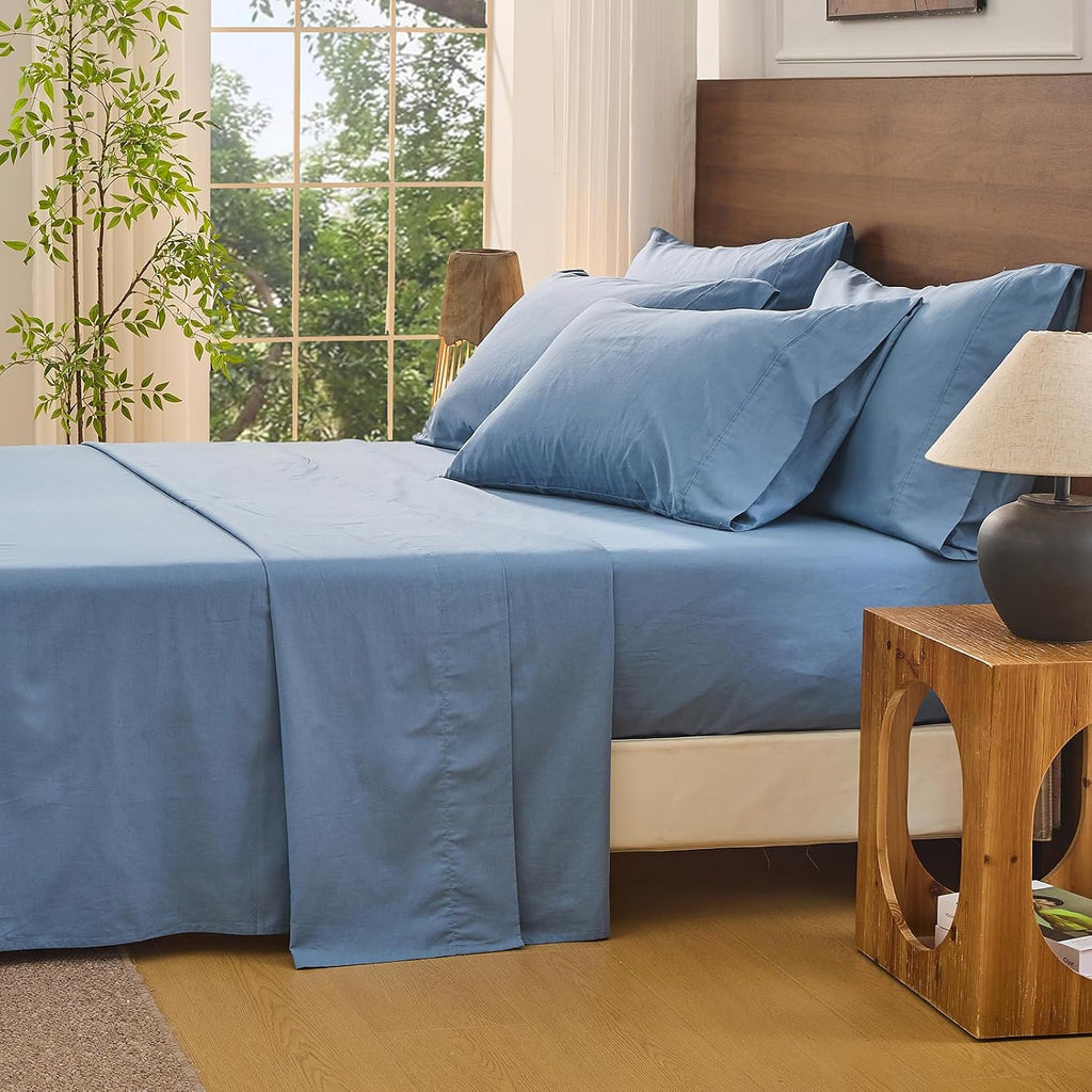 Bedlifes 100% French Flax Linen Sheets Set Queen Size - 6 Piece Extra Deep Pocket 18-24',Soft Breathable Queen Bed Sheets with Temperature Regulating & Moisture-Wicking(Flint Blue