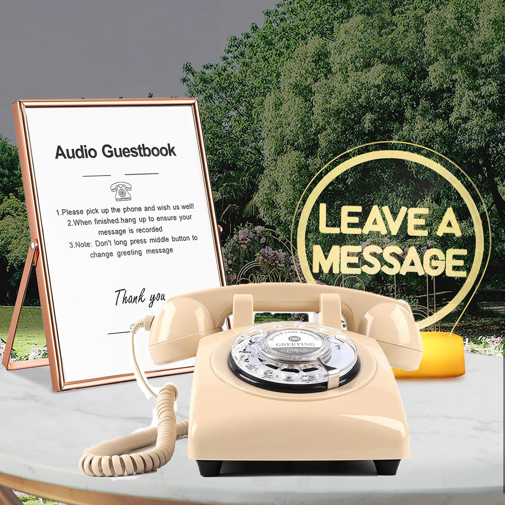 Premium Audio Guest Book Telephone with Free LED Wedding Sign and A5 Vertical Photo Frame | Vintage and Retro Style Audio Guestbook | Rotary Phone with Audio Record Voice Messages (Beige)