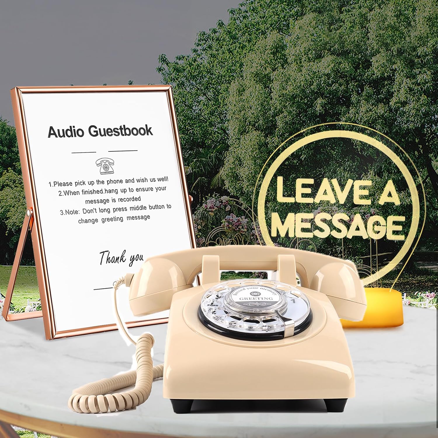 Premium Audio Guest Book Telephone with Free LED Wedding Sign and A5 Vertical Photo Frame | Vintage and Retro Style Audio Guestbook | Rotary Phone with Audio Record Voice Messages (Beige)