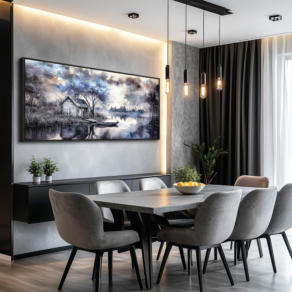 ERQINHUA Large Canvas Blue Tree Lakeside Landscape Painting Wall Decor For Living Room Restaurant Wall Art For Office Bedroom Artwork Pictures Modern Home Decor Ready To Hang Black Framed 32x72 In