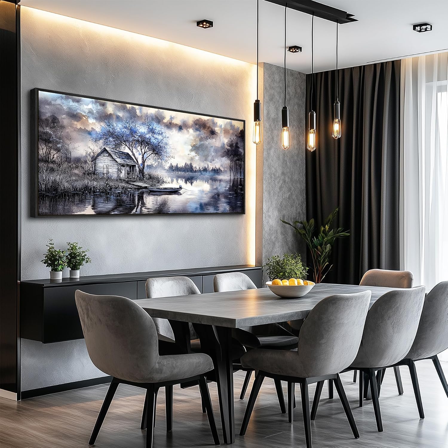 ERQINHUA Large Canvas Blue Tree Lakeside Landscape Painting Wall Decor For Living Room Restaurant Wall Art For Office Bedroom Artwork Pictures Modern Home Decor Ready To Hang Black Framed 32x72 In