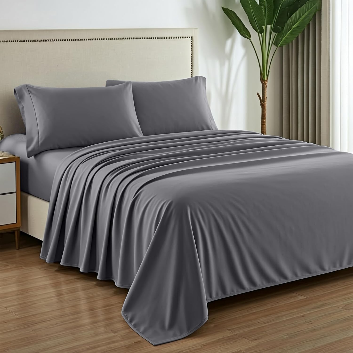 Mayfair Linen 100% Egyptian Cotton Sheets California King Size - Luxury 1000 Series Grandiose Collection Cal King Sheets (4 PC, Dark Grey), 16' Deep Pocket Sateen Soft, Cooling Hotel Bed Sheet Set
