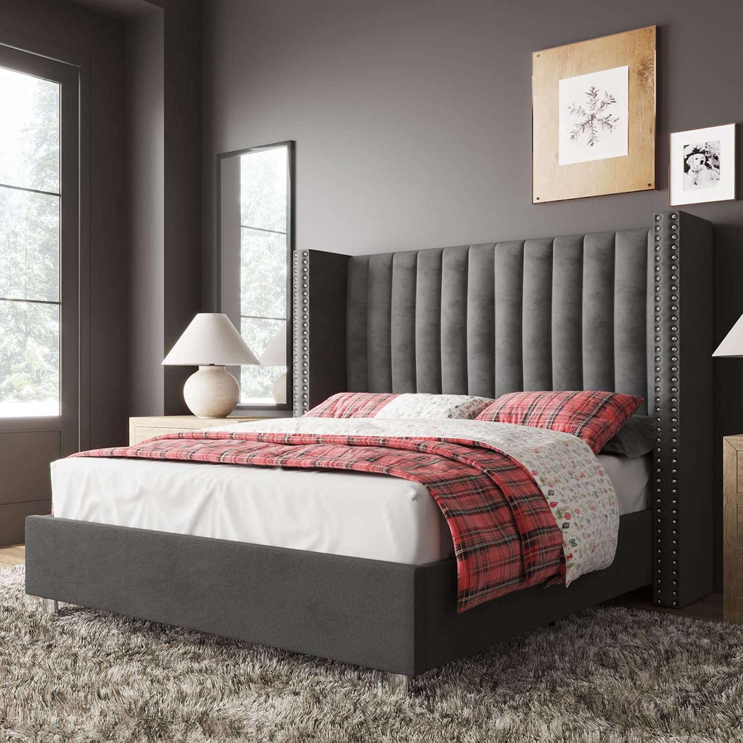 Jocisland Queen Bed Frame with 49.2' Tall Wingback Headboard, Velvet Upholstered Platform Bed, No Box Spring Needed, Noise-Free, for Couples, Guest Room & Apartment, Grey