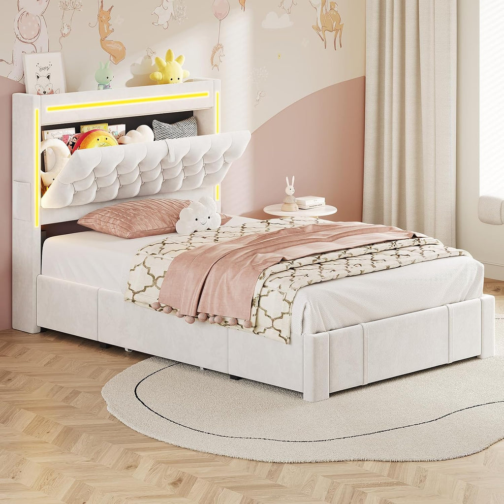 HAUOMS Twin Bed Frame with Storage Headboard & 3 XL Drawers, Power Outlet Type-C/A, Velvet Upholstered Princess Girls Bed Twin Size, No Box Spring Needed, Creamy White