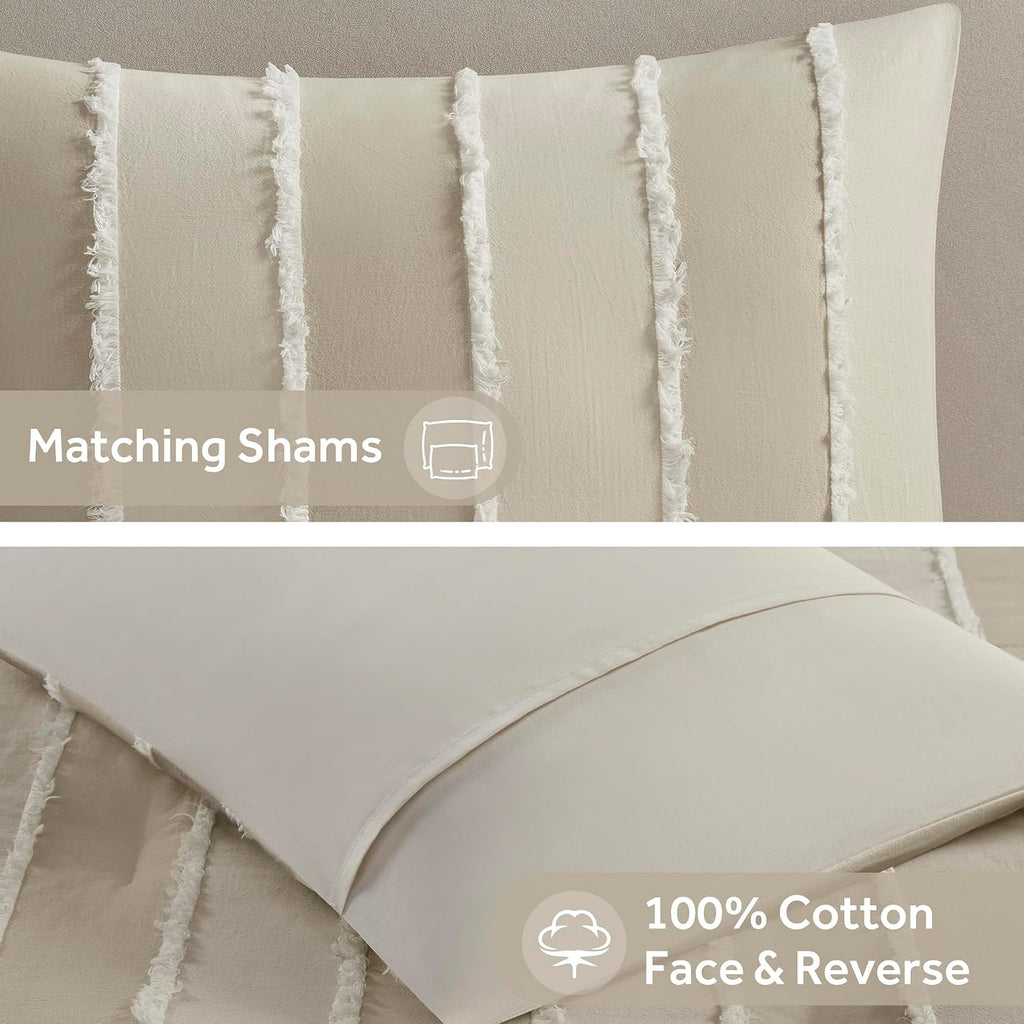 Ink+Ivy Queen Comforter Set Boho Comforters Stripes, Clipped Jacquard, Cotton Comforter for Queen Size Bed, All Season Poly Fill Lightweight Queen Bedding & Shams, Shay, Full/Queen, Taupe 3 Piece