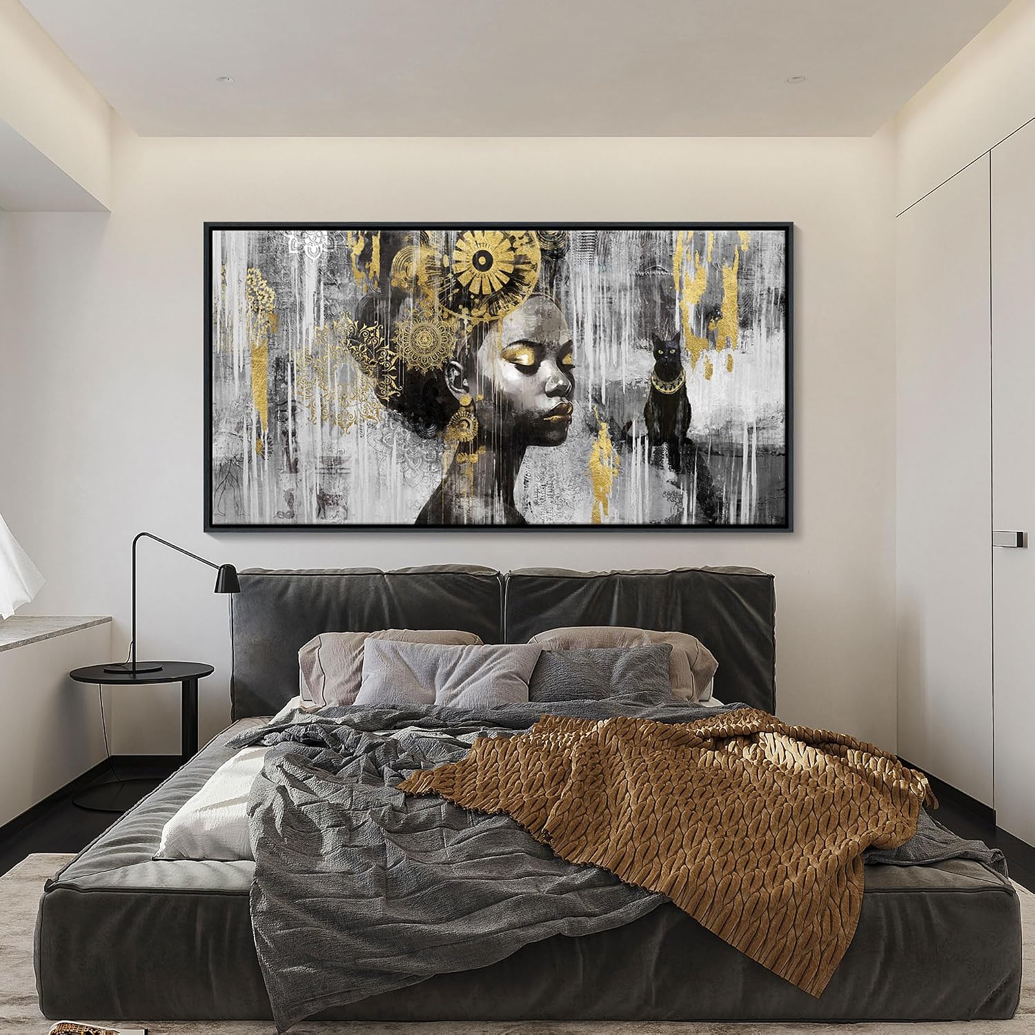 KLAKLA Large Black Wall Art - African American Black Girl Wall Art Colorful Black African Woman Black and Gold Canvas Picture Framed Wall Decor for Living Room Bedroom Home Decoration