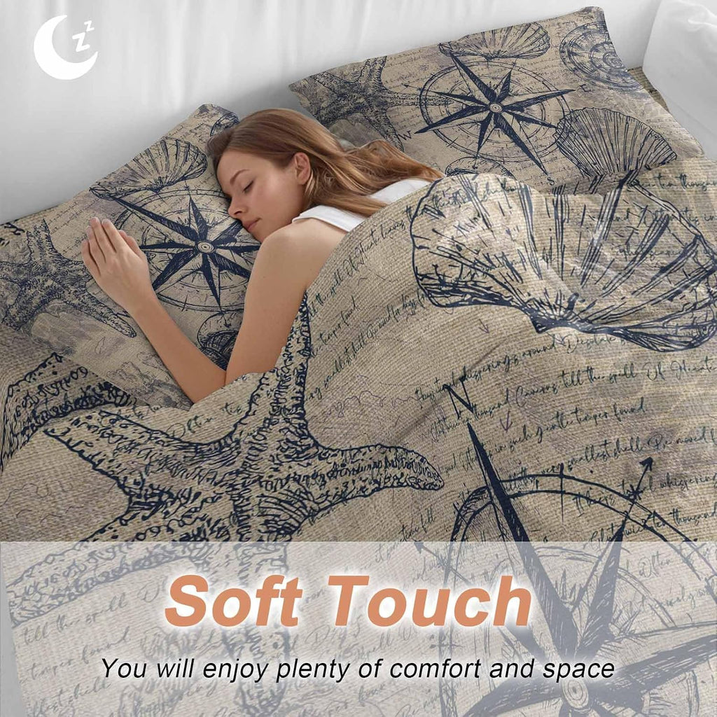 Vintage Nautical Duvet Cover Set Queen Size 4 Pieces Summer Navy Blue Compass Shell Starfish Brown Bedding Set with Zipper Closure, 1 Comforter Cover 86x86 Inches 1 Flat Sheet & 2 Pillow Cases