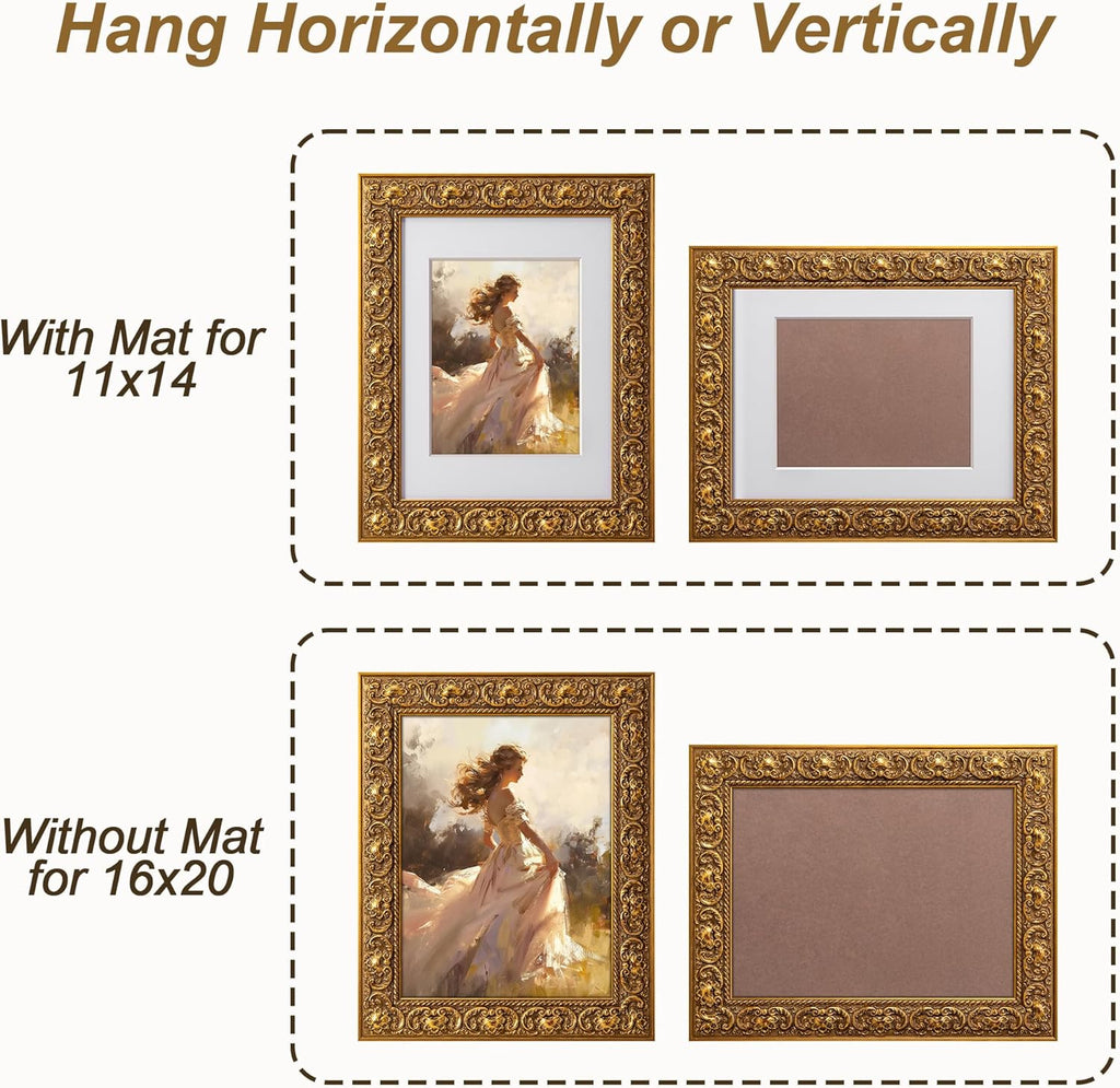 ArtXO 16x20 Picture Frame Wooden, Display Pictures 11x14 with Mat or 16x20 Without Mat, Wall Hanging Photo Frame, Vintage Poster Frame Gold