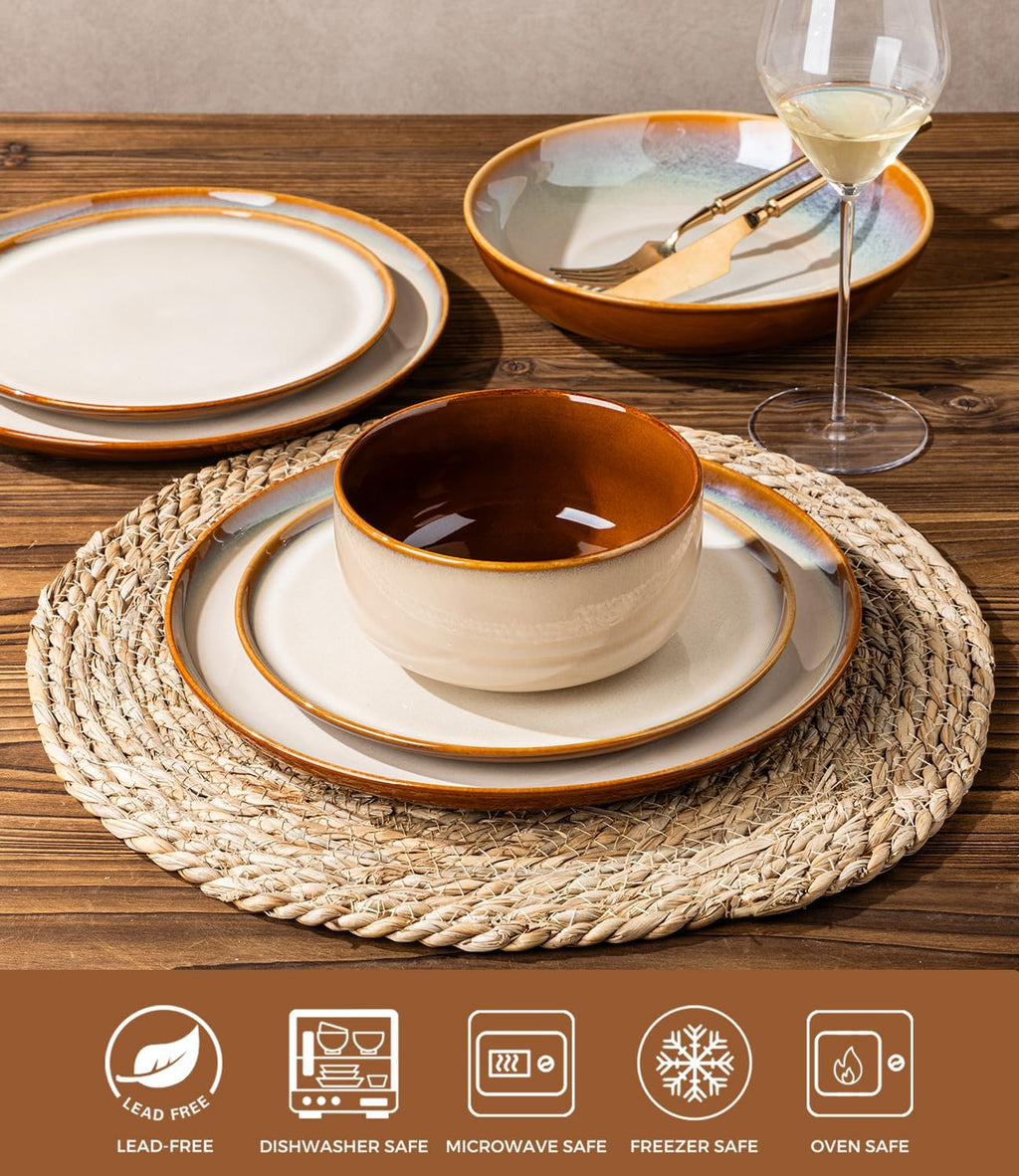 LERATIO Ceramic Dinnerware Sets with Pasta Bowls for 4,Plates and Bowls Sets,Oven &Microwave & Dishwasher Safe,Light Weight & Scratch Resistant Dishes Sets-Service for 4 (16pcs)-Kahki