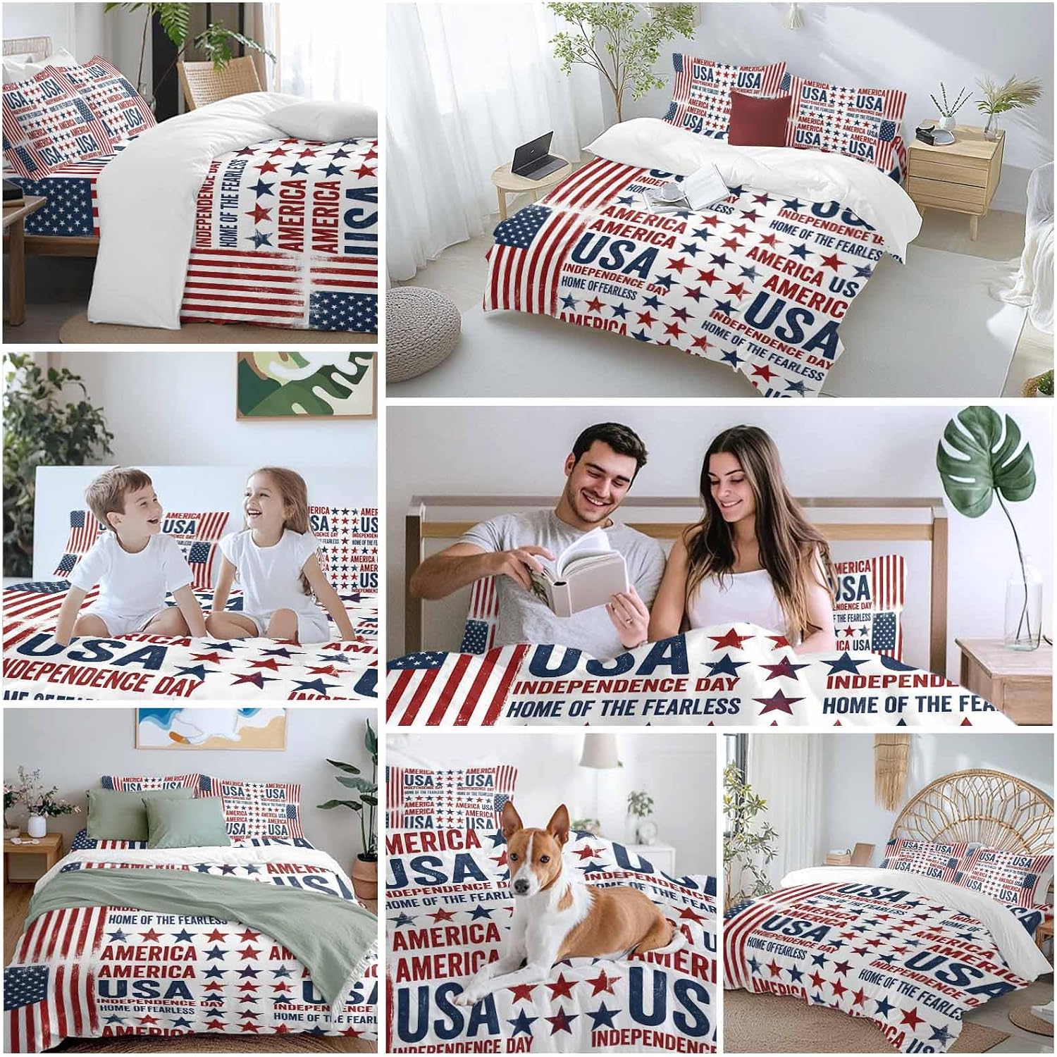Independence Day Duvet Cover Set Queen Size 4 Pieces Retro American USA Flag Red Stripes Abstract Bedding Set with Zipper Closure, 1 Comforter Cover 86x86 Inches 1 Flat Sheet & 2 Pillow Cases