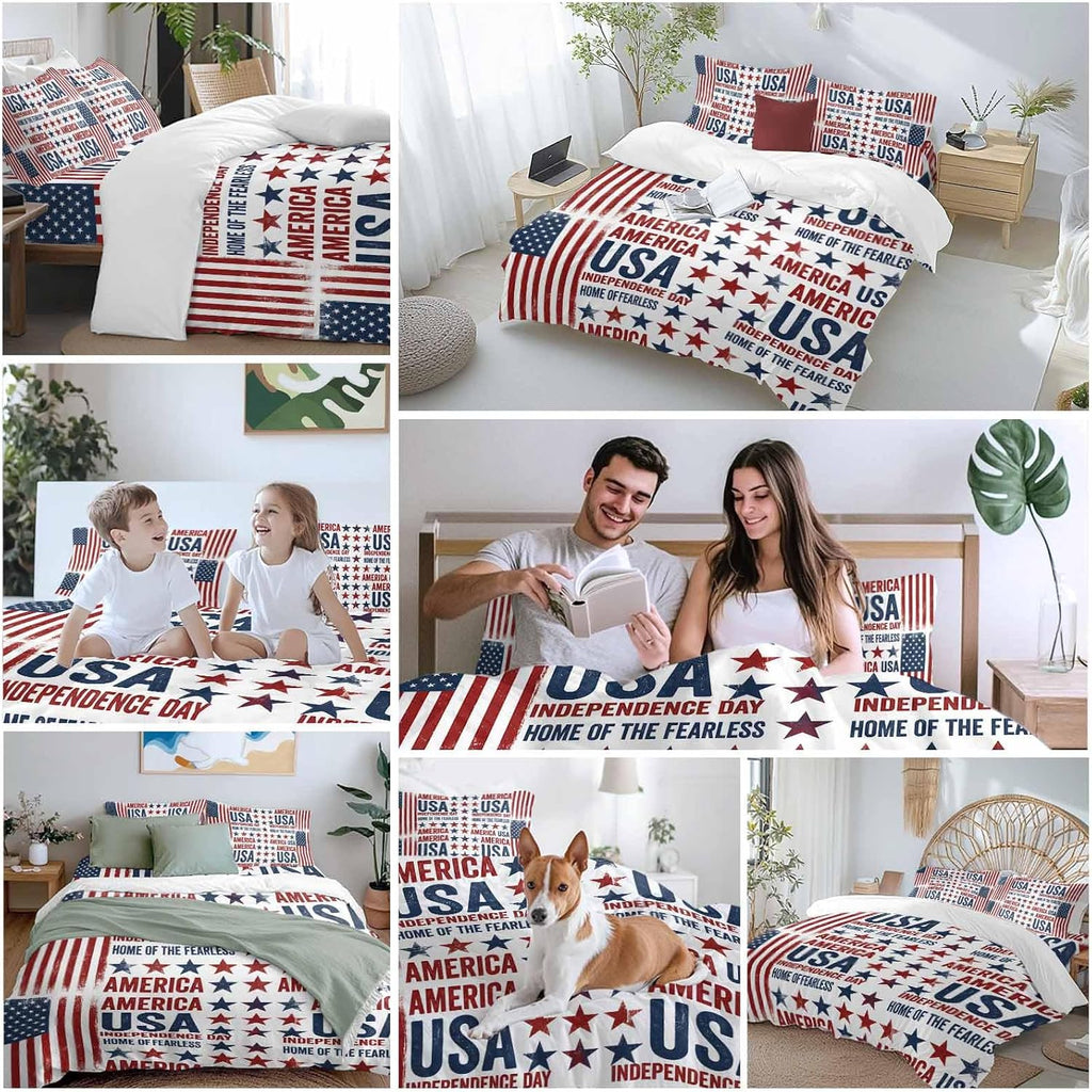 Independence Day Duvet Cover Set Queen Size 4 Pieces Retro American USA Flag Red Stripes Abstract Bedding Set with Zipper Closure, 1 Comforter Cover 92x106 Inches 1 Flat Sheet & 2 Pillow Cases