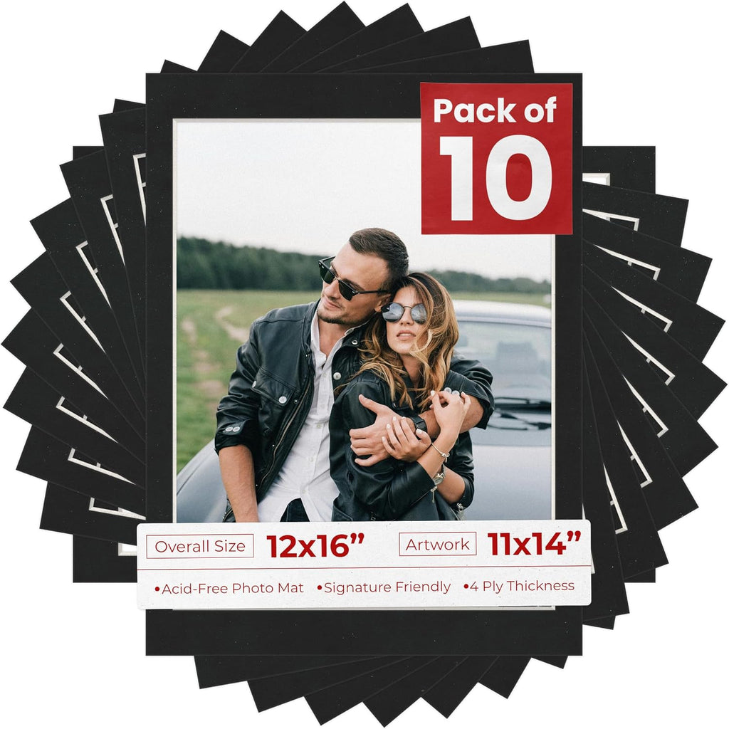 Poster Palooza Pack of TEN 12x16 Mats Bevel Cut for 11x14 Photos - Acid Free Black Suede Precut Matboards For Pictures, Photos, Framing - 4-ply Thickness