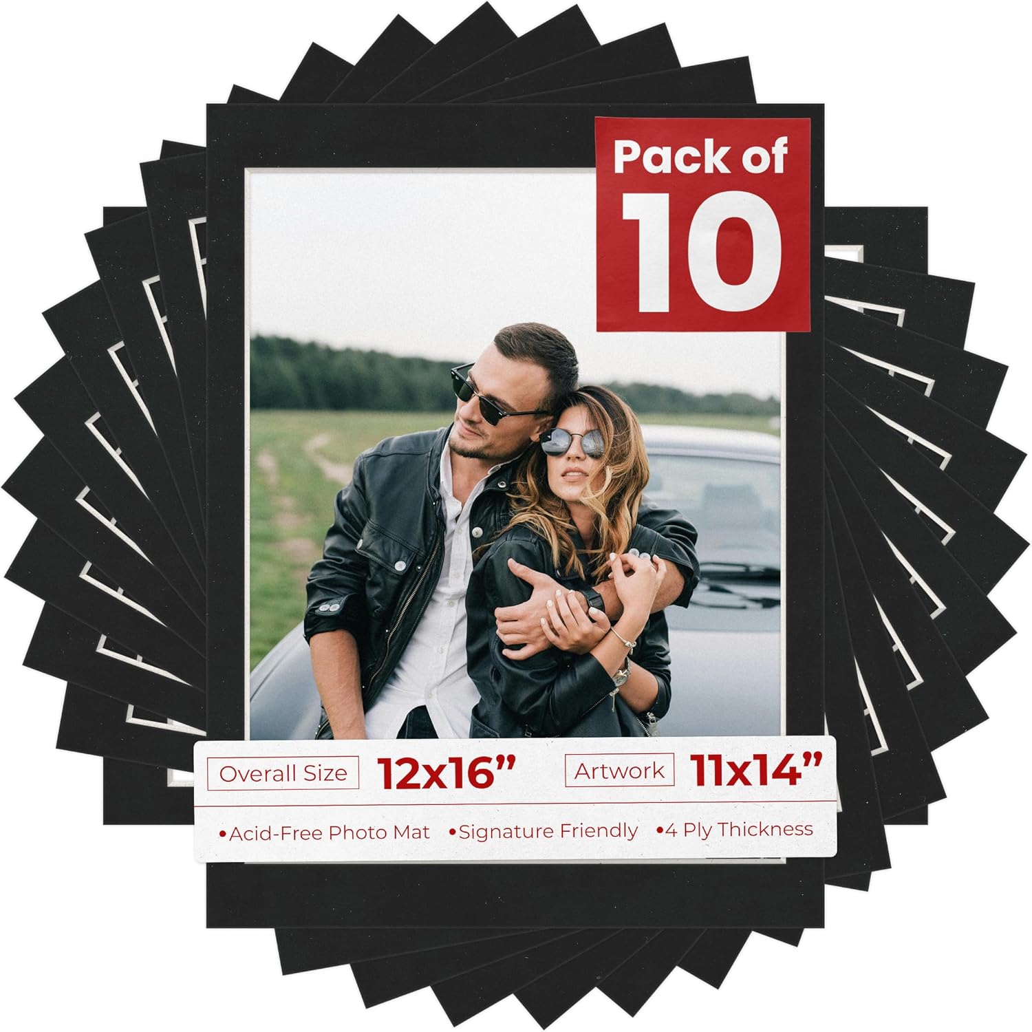 Poster Palooza Pack of TEN 12x16 Mats Bevel Cut for 11x14 Photos - Acid Free Black Suede Precut Matboards For Pictures, Photos, Framing - 4-ply Thickness