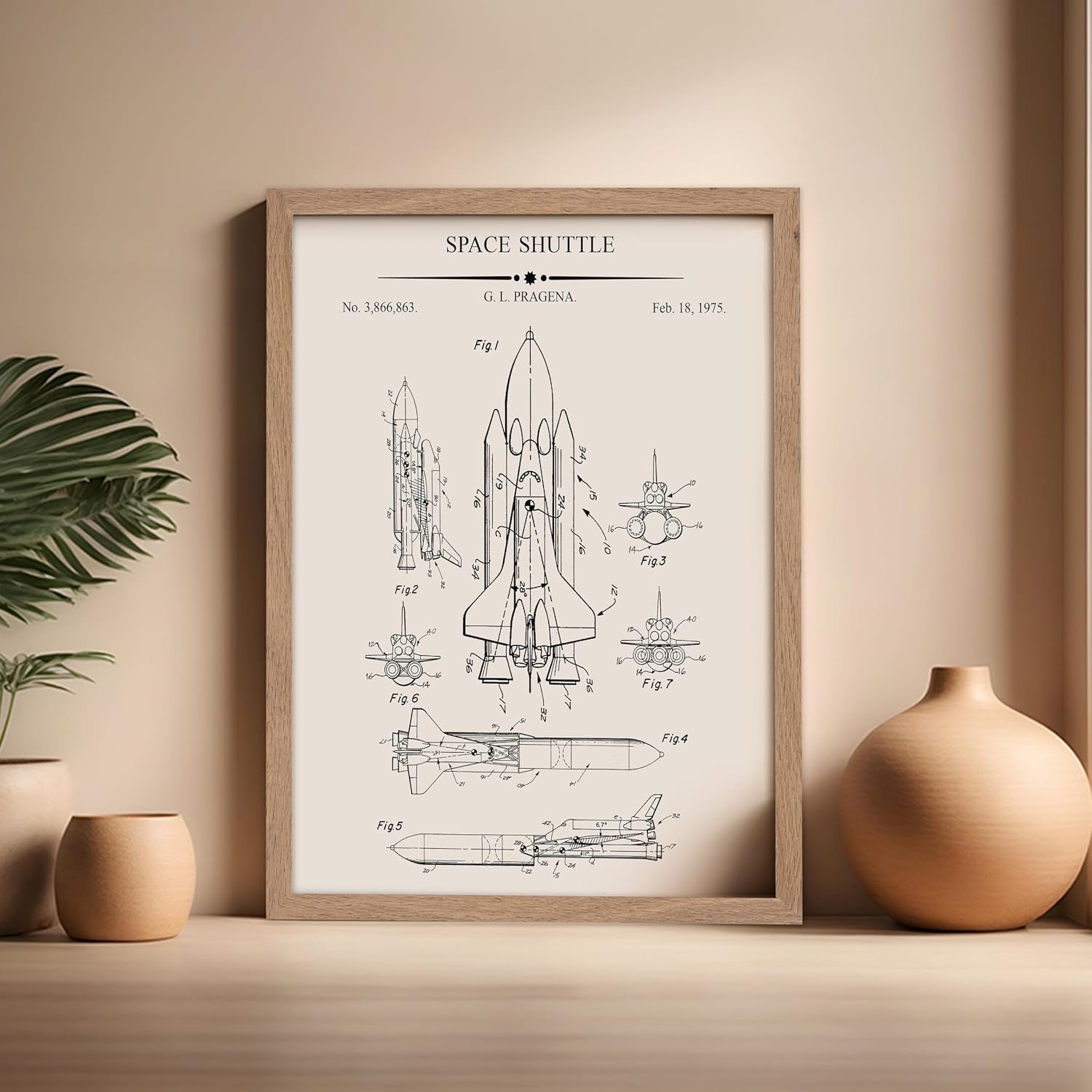 Poster Master 3-Piece Space Blueprint Poster - Space Suit Patent Print - Spaceship Art - NASA Art - Space Rocket Art - Astronaut Art - Great Office or Living Room Wall Decor, 16x20 Beige Framed