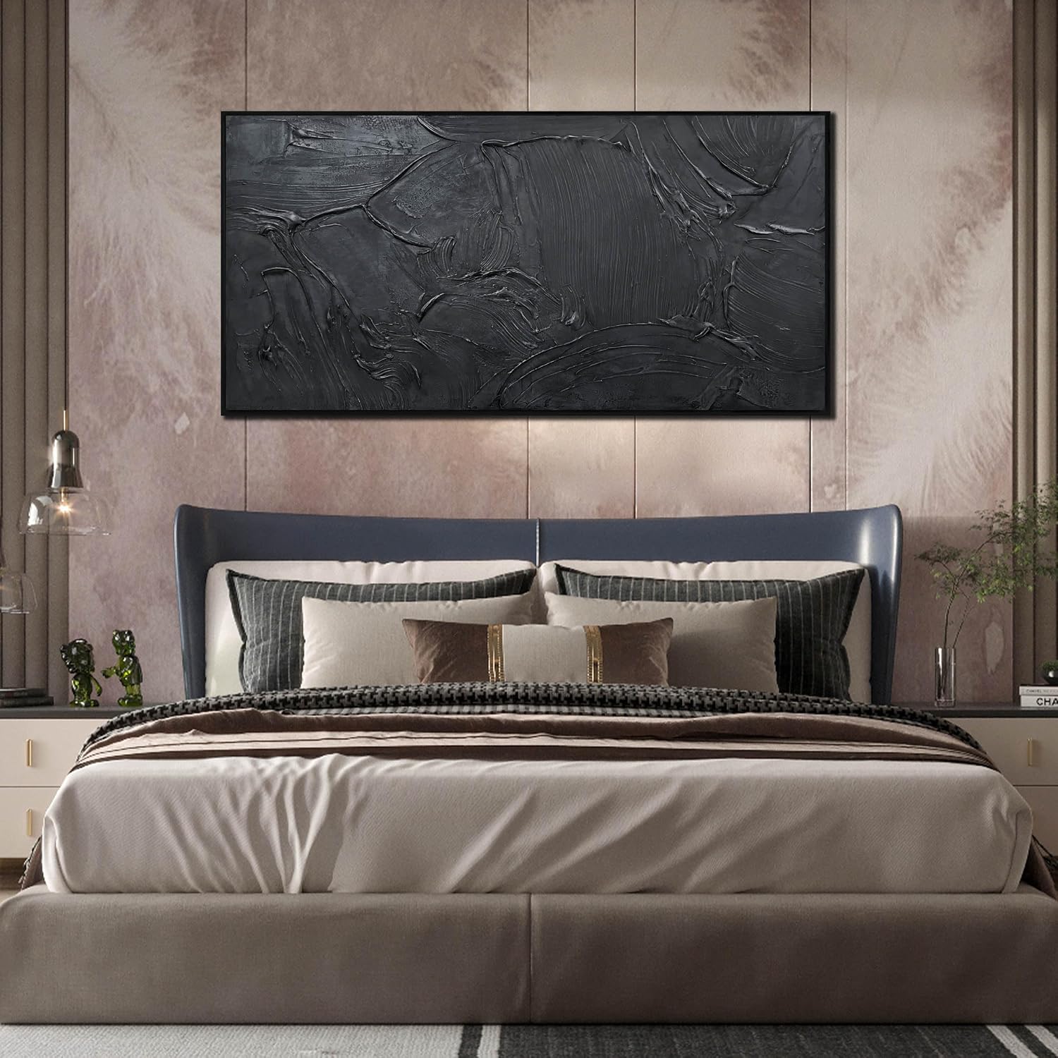 HUBOSKN Black Abstract Hand Painted Wall Art for Living Room - Minimalist Large Canvas Wall Art for Office - Frames Wall Decor Bedroom Size 29' x 59'