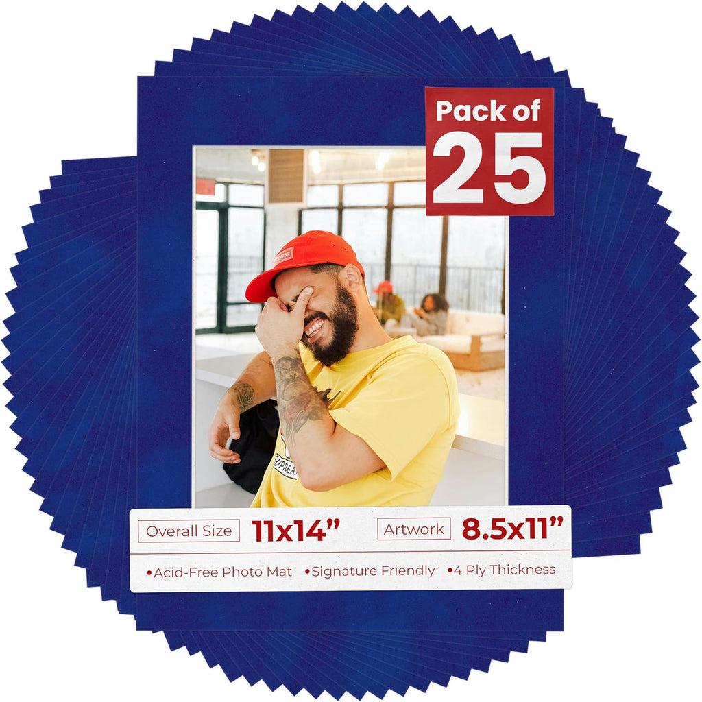 Poster Palooza Pack of 25 Acid Free 11x14 Mats Bevel Cut for 8.5x11 Photos - Royal Blue Suede Precut Matboards For Pictures, Photos, Framing - 4-ply Thickness