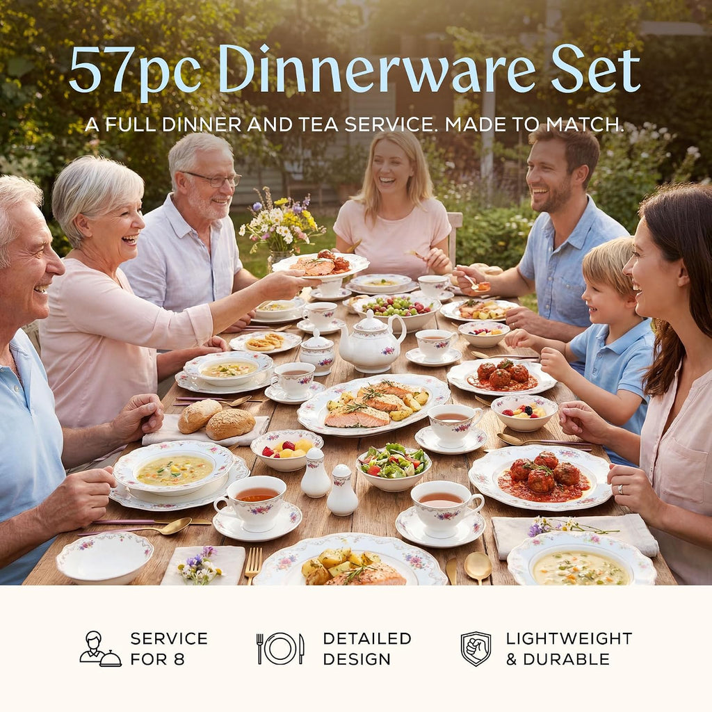 Joseph Sedgh Collection 'Romantic Bloom' 57-Piece Bone China Dinnerware Set, Service for 8, Floral with Blue and Gold Trim