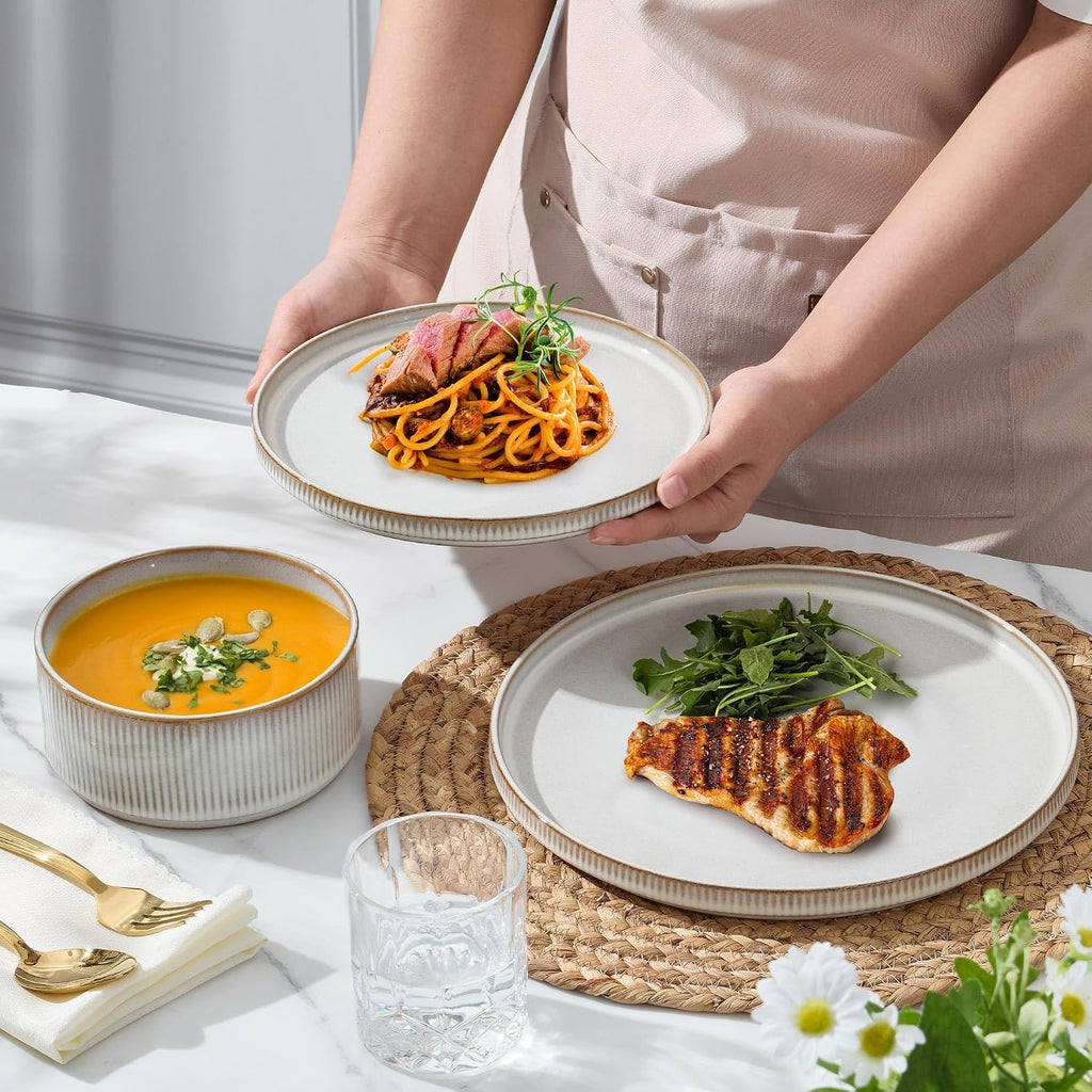 E-far 24-Piece Stoneware Dinnerware Sets, Plates and Bowls Sets for 8, Kitchen Modern Dinning Porcelain Dishes Set, Chip & Scratch Resistant, Dishwasher & Microwave Safe, Creamy Beige