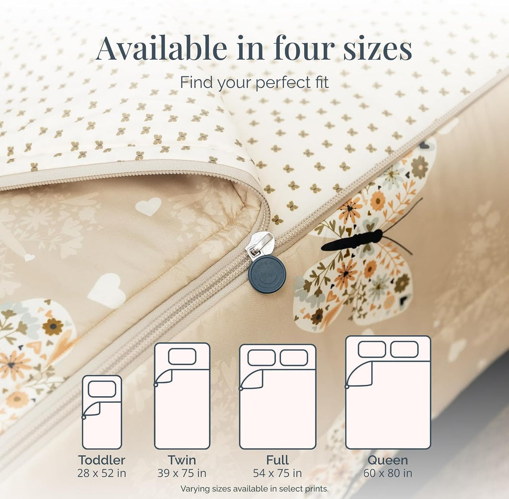 Beddy's Butterfly Themed Durable Zipper Bedding for Kids - Bed in a Bag - Beige Sheets & Comforter with Butterflies, Hearts & Floral Design - Includes Pillowcase & Sham - Easy to Make & Wash - Twin