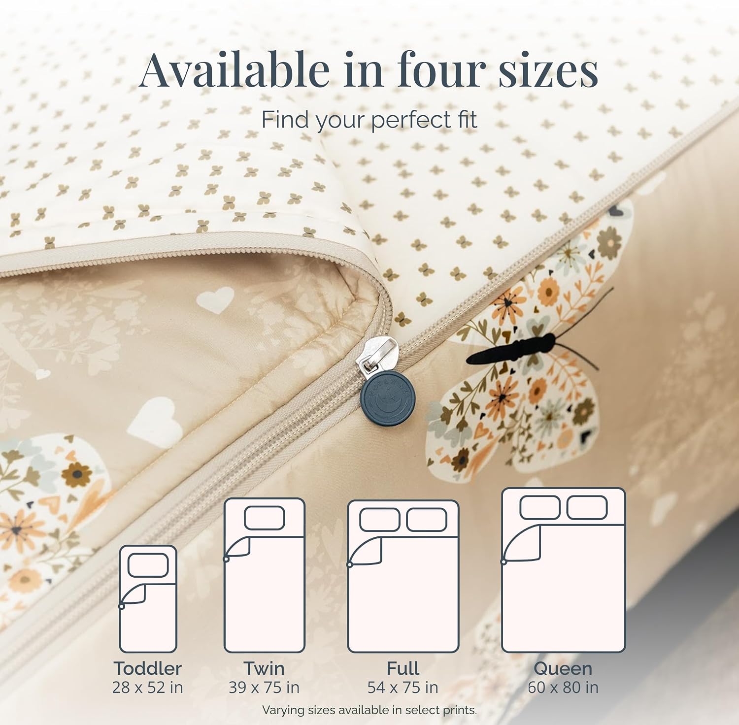 Beddy's Butterfly Themed Durable Zipper Bedding for Kids - Bed in a Bag - Beige Sheets & Comforter with Butterflies, Hearts & Floral Design - Includes Pillowcase & Sham - Easy to Make & Wash - Twin