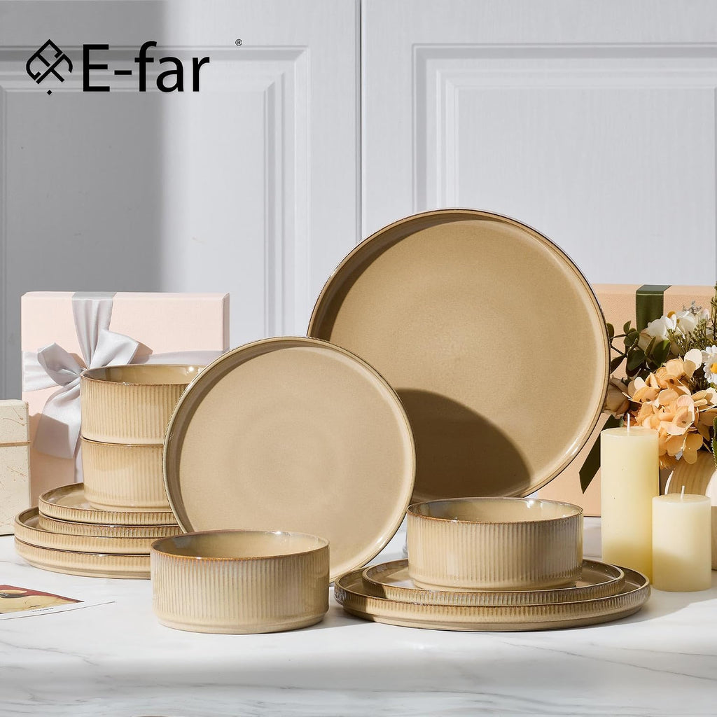 E-far 24-Piece Stoneware Dinnerware Sets, Plates and Bowls Sets for 8, Kitchen Modern Dinning Porcelain Dishes Set, Chip & Scratch Resistant, Dishwasher & Microwave Safe, Caramel Khaki