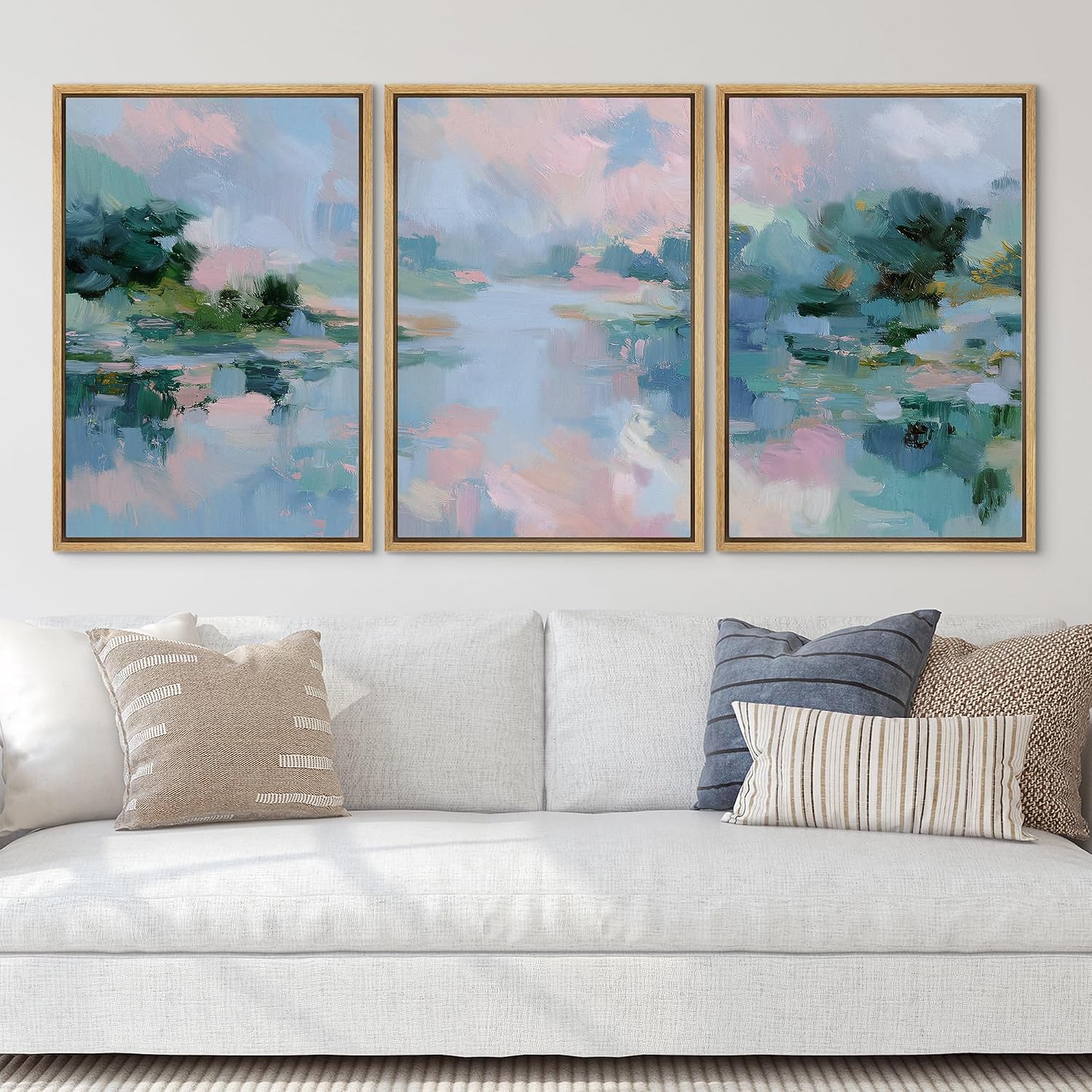 SIGNLEADER Framed Canvas Print Wall Art Set Soft Pastel Lake Landscape Illustrations Minimal Decorative Bohemian Nordic for Living Room, Bedroom, Office - 24'x36'x3 NATURAL