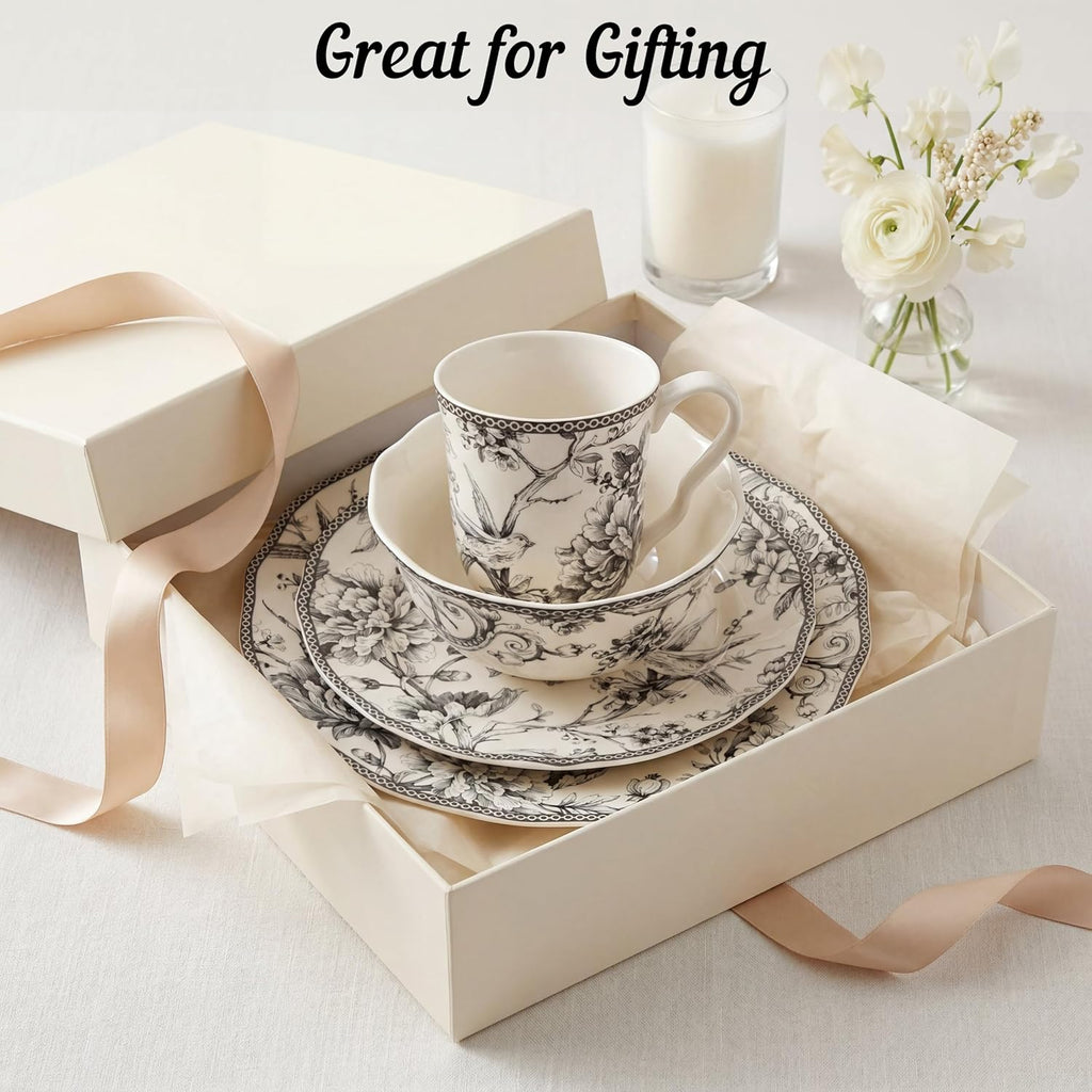 222 Fifth Adelaide 16-Piece Casual Grey Porcelain Dinnerware Set – Service for 4, Classic Toile Bird & Floral Design, Microwave & Dishwasher Safe, for Everyday Dining & Entertainment