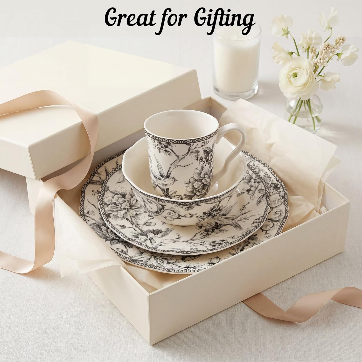 222 Fifth Adelaide 16-Piece Casual Grey Porcelain Dinnerware Set – Service for 4, Classic Toile Bird & Floral Design, Microwave & Dishwasher Safe, for Everyday Dining & Entertainment