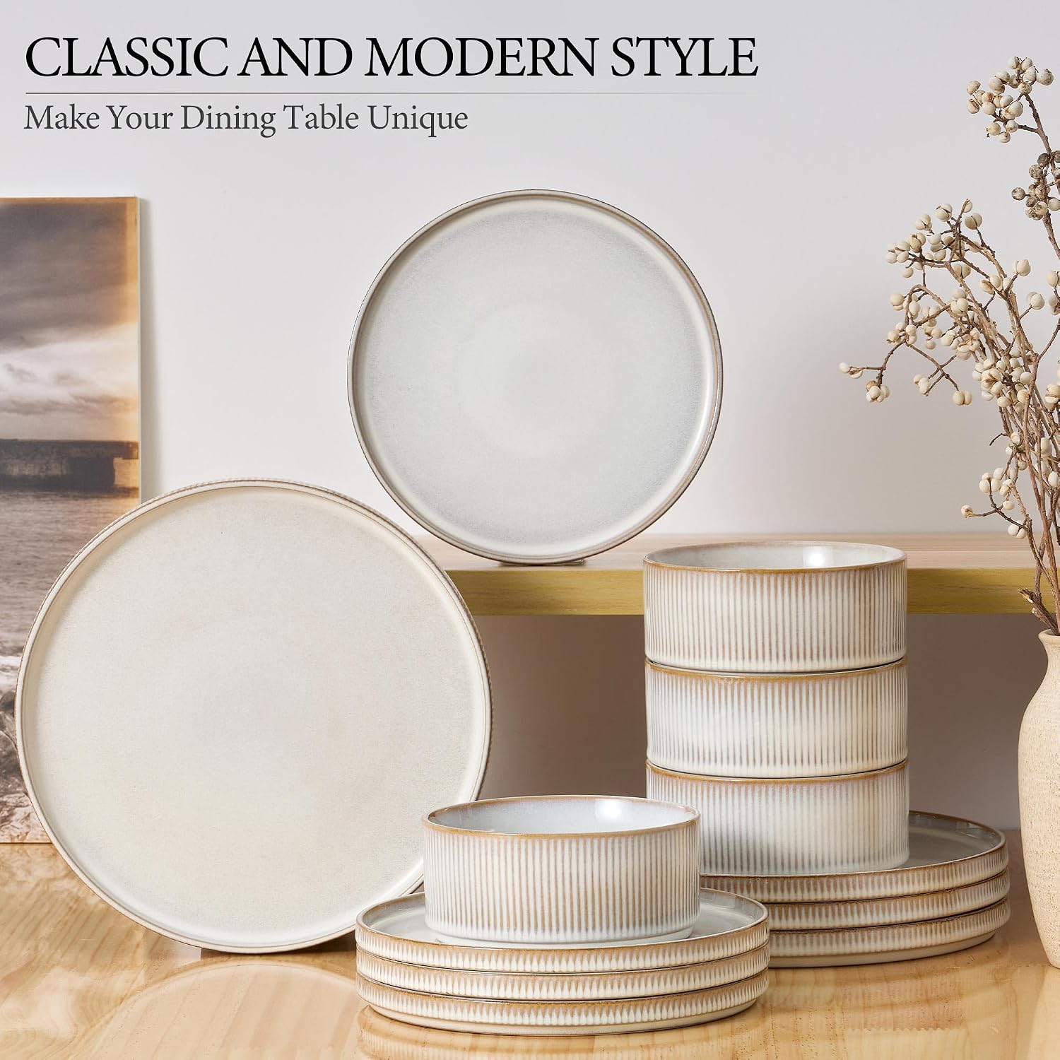 E-far 24-Piece Stoneware Dinnerware Sets, Plates and Bowls Sets for 8, Kitchen Modern Dinning Porcelain Dishes Set, Chip & Scratch Resistant, Dishwasher & Microwave Safe, Creamy Beige