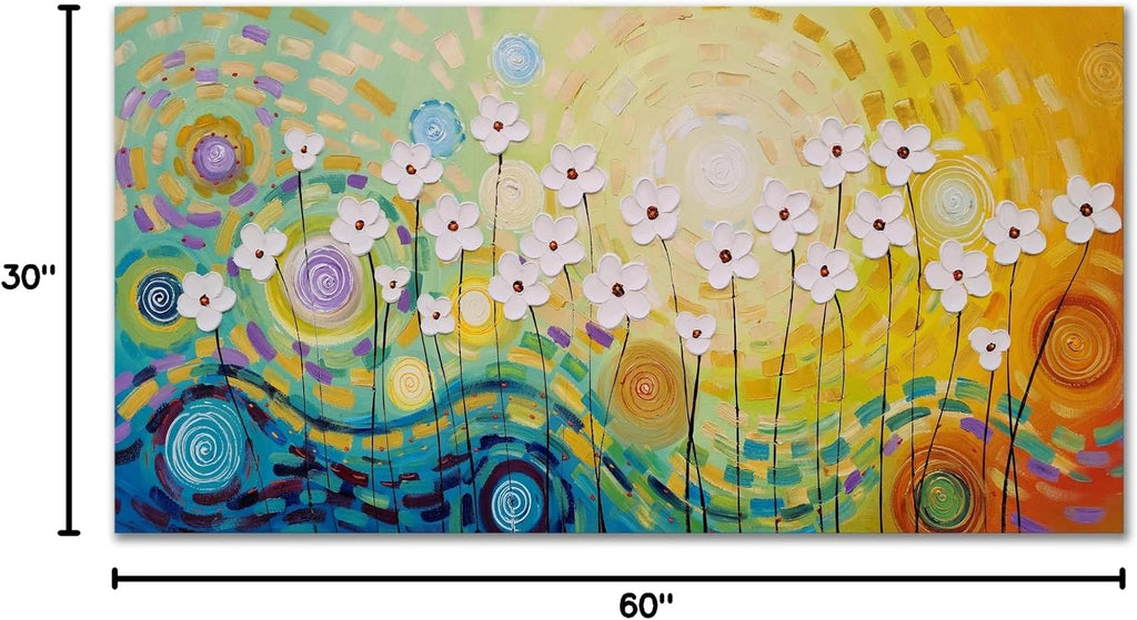 Yihui Arts Hand-Painted Textured Floral Wall Art, Vibrant Abstract Flower Canvas Painting with Thick Textures, Modern Boho Decor for Living Room Bedroom, Colorful Blooming Daisy Artwork