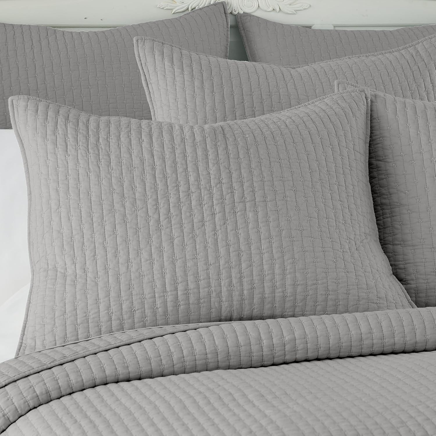 Levtex Home Cross Stitch Reversible Full/Queen Quilt Set (88x92in) and 2 Pillow Shams (26x20in) - Stitch Texture - Light Grey - Cotton Full/Queen Size Quilt Bedding Set - Lightweight, Soft, Pre-Washed