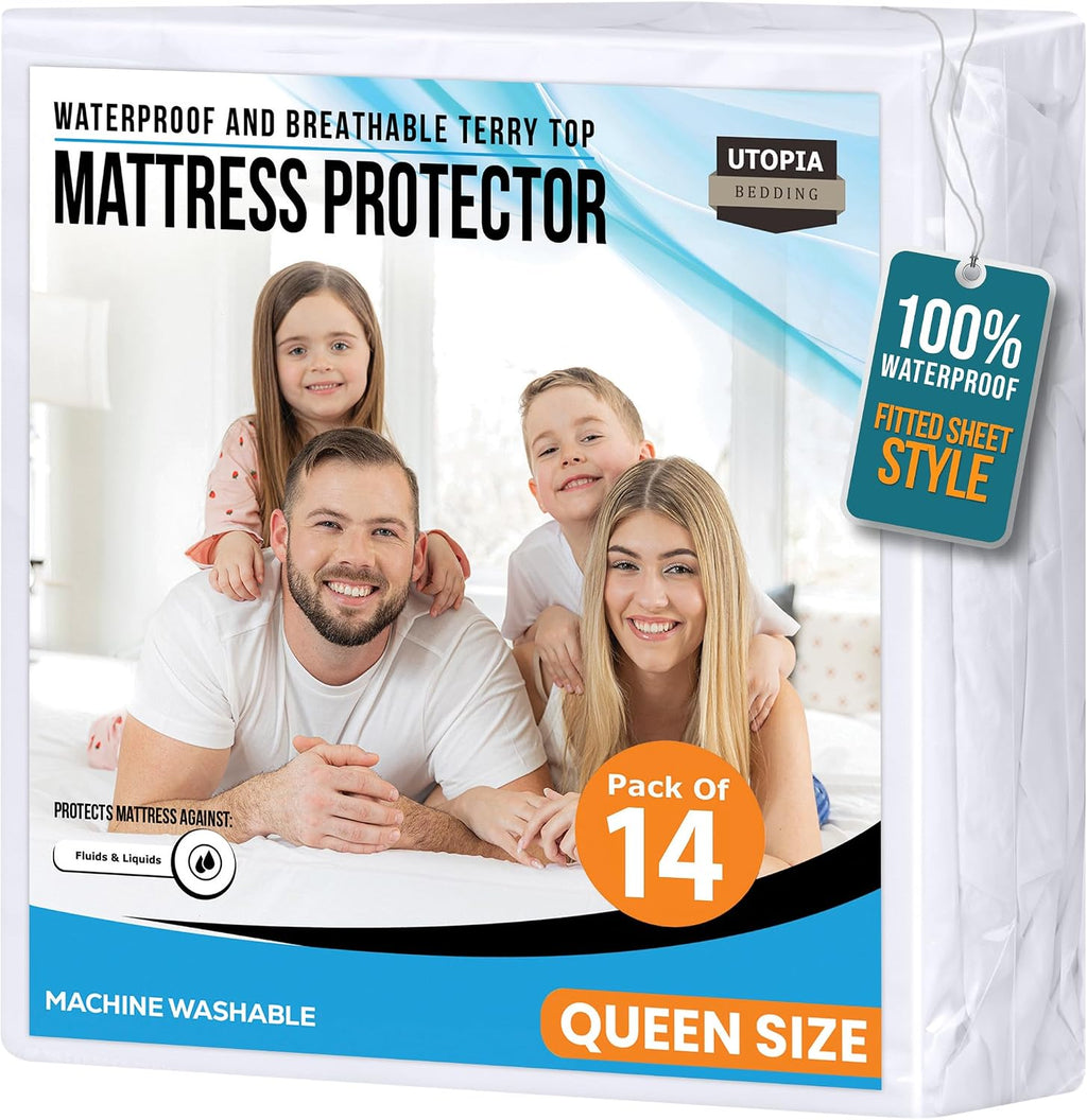 Queen Size Mattress Protector Waterproof 14 Pack, Premium 200 GSM Terry Mattress Cover, Soft & Breathable Bed Cover, Fitted Sheet Style Stretchable Deep Pockets 17' by Utopia Bedding (White)