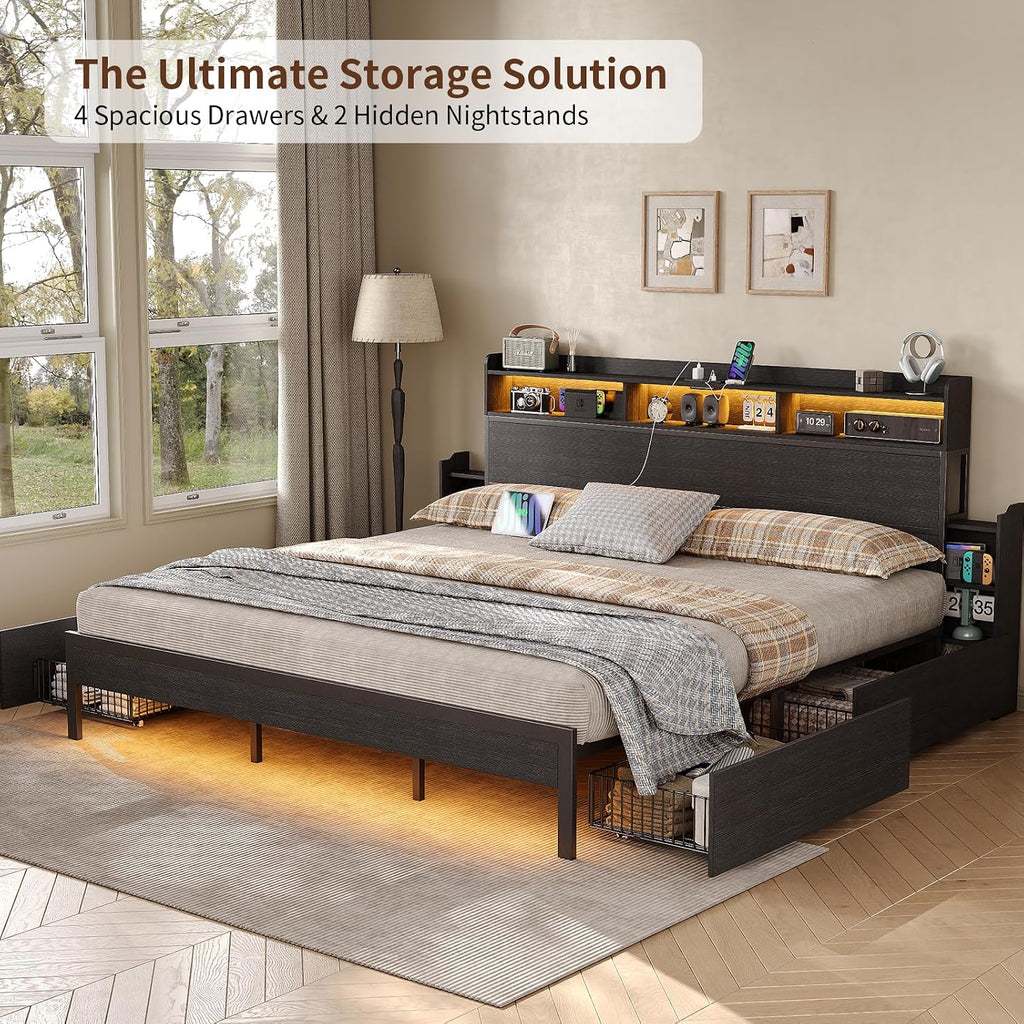 King Size Bed Frame with 4 Storage Drawers & 2 Hidden Nightstands, Platform Bed with RGB LED Lights & USB Charging Station, No Box Spring Needed, Noise-Free, Black