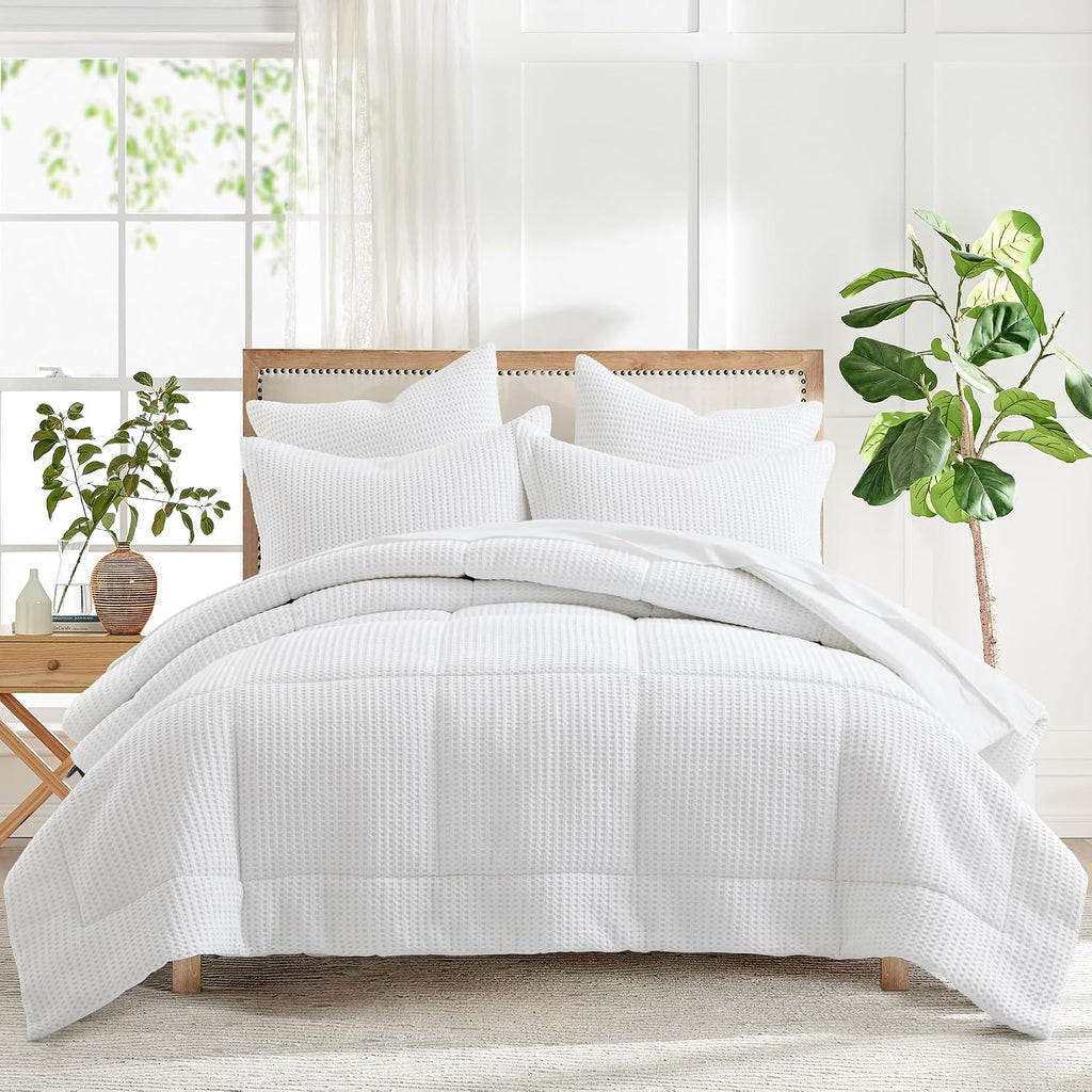 Levtex Home Mills Waffle Full/Queen Comforter Set (90x94in) with 2 Pillow Shams (26x20in) - Bright White - 100% Cotton Full/Queen Size Comforter Set - Soft, Pre-Washed
