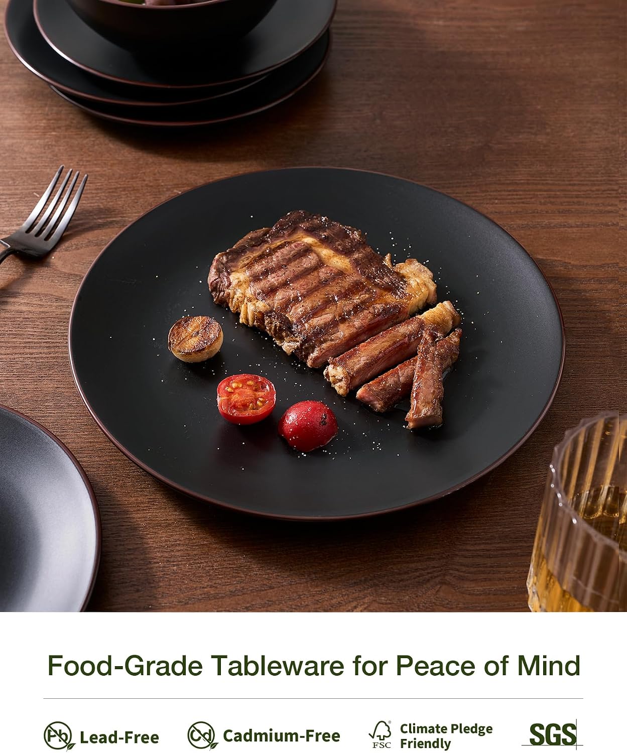 Famiware Venus Stoneware Dinnerware Sets with Pasta Bowls for 4, 16-Piece Plates and Bowls with Trim, Matte Black - Chip‑Resistant Ceramic Dish Set for Everyday & Formal Use, Microwave/Dishwasher Safe