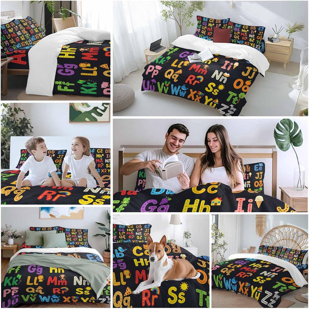 Alphabet Duvet Cover Set Queen Size 4 Pieces American Cartoon Early Education Alphabet Minimalist Mural Bedding Set with Zipper Closure, 1 Comforter Cover 92x106 Inches 1 Flat Sheet & 2 Pillow Cases