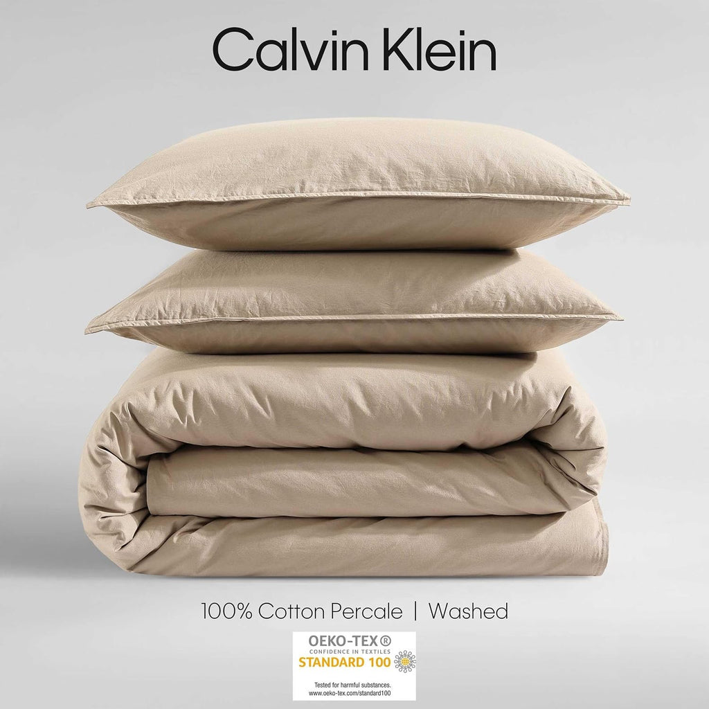 Calvin Klein - Queen Comforter Set, Modern Cotton Washed Percale Bedding with Matching Shams, Oeko-Tex Certified (Washed Percale Camel Brown, Queen)