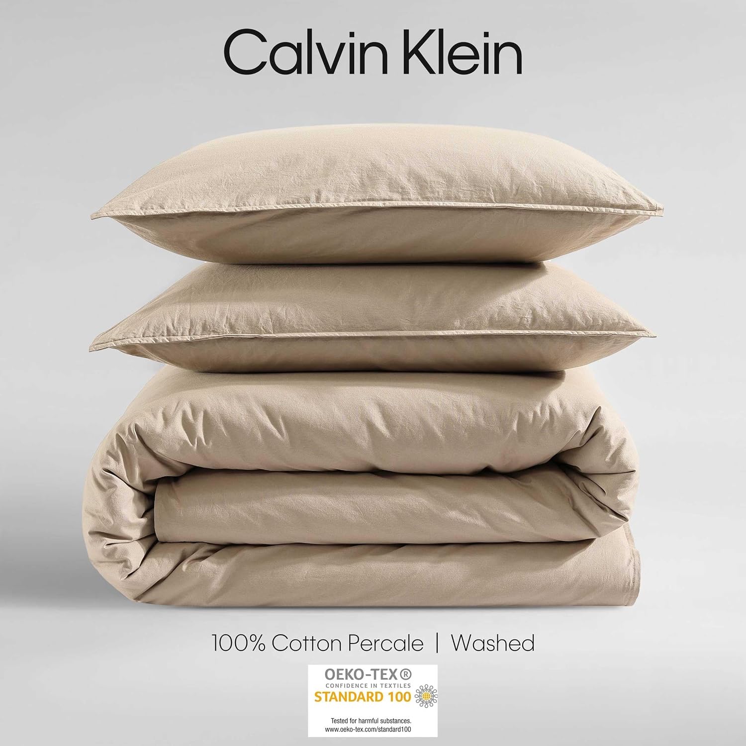 Calvin Klein - Queen Comforter Set, Modern Cotton Washed Percale Bedding with Matching Shams, Oeko-Tex Certified (Washed Percale Camel Brown, Queen)