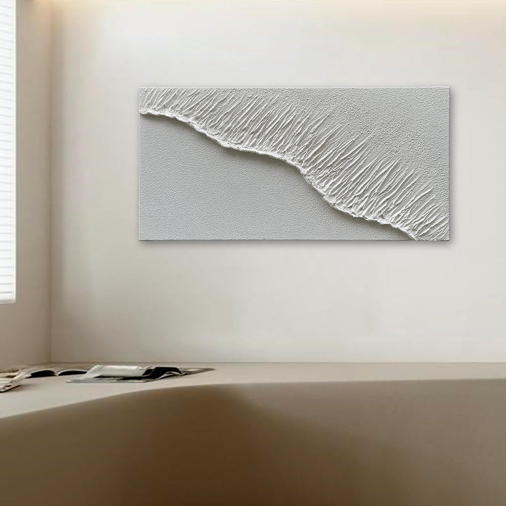 NANKAI Art Hand-Painted White Wave Texture Abstract Art Contemporary Minimalist Canvas Oil Painting, Home Living Room Corridor Wall Decoration Art, 24x48 inches