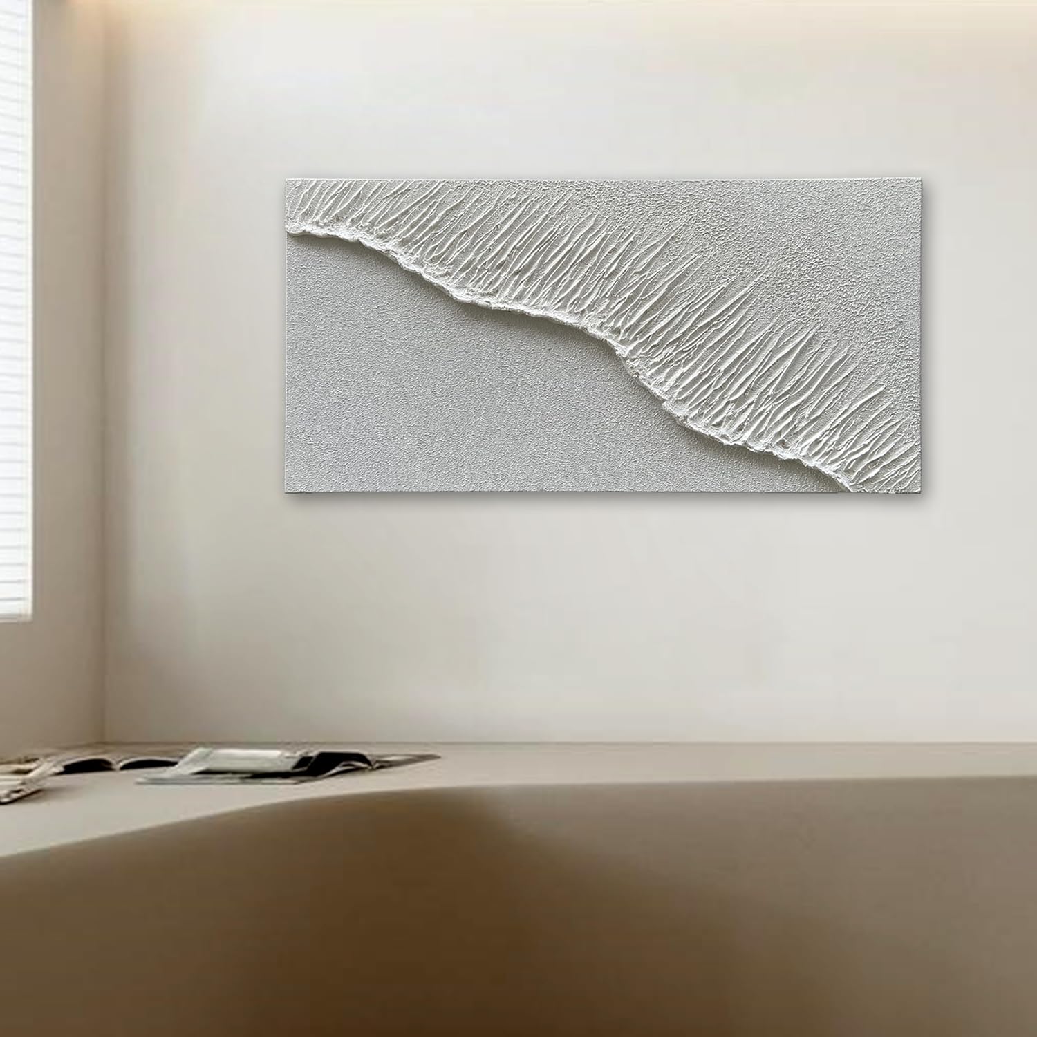NANKAI Art Hand-Painted White Wave Texture Abstract Art Contemporary Minimalist Canvas Oil Painting, Home Living Room Corridor Wall Decoration Art, 24x48 inches