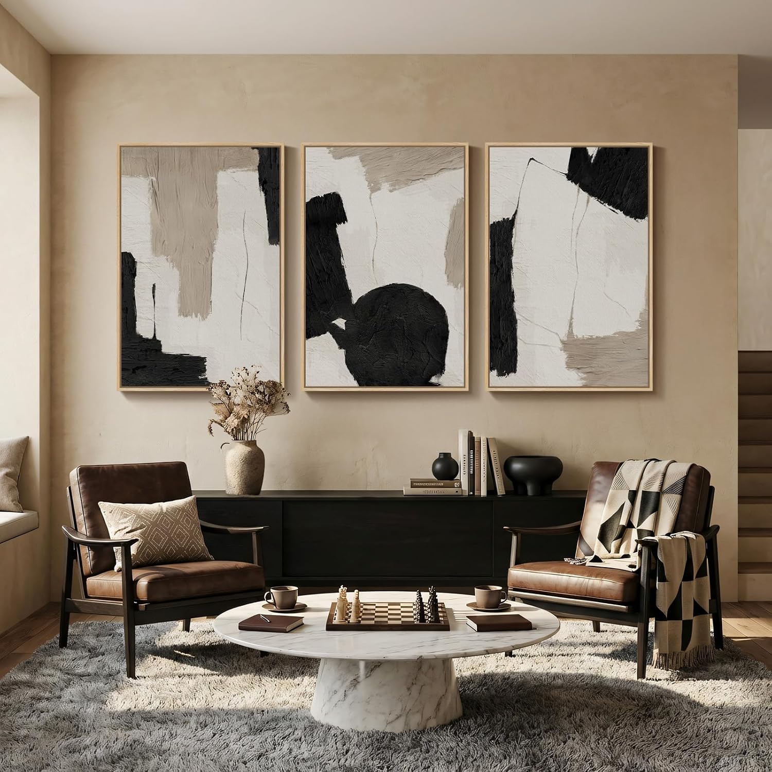 Large Framed Abstract Neutral Wall Art for Living Room, 3 Piece Black and White Beige Modern Canvas Prints Artwork for Walls, Minimalist Mid Century Painting Wall Decor Hallway Dining Room, 24x36 Inch