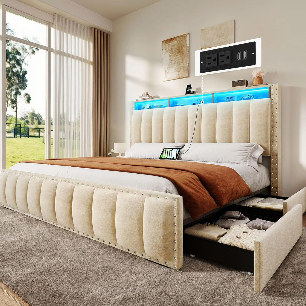 YITAHOME Full Size Bed Frame with 4 Storage Drawers and RGB LED Lights, Velvet Upholstered Platform Bed with Charging Station and Storage Headboard, No Box Spring Needed, Easy Assembly, Beige